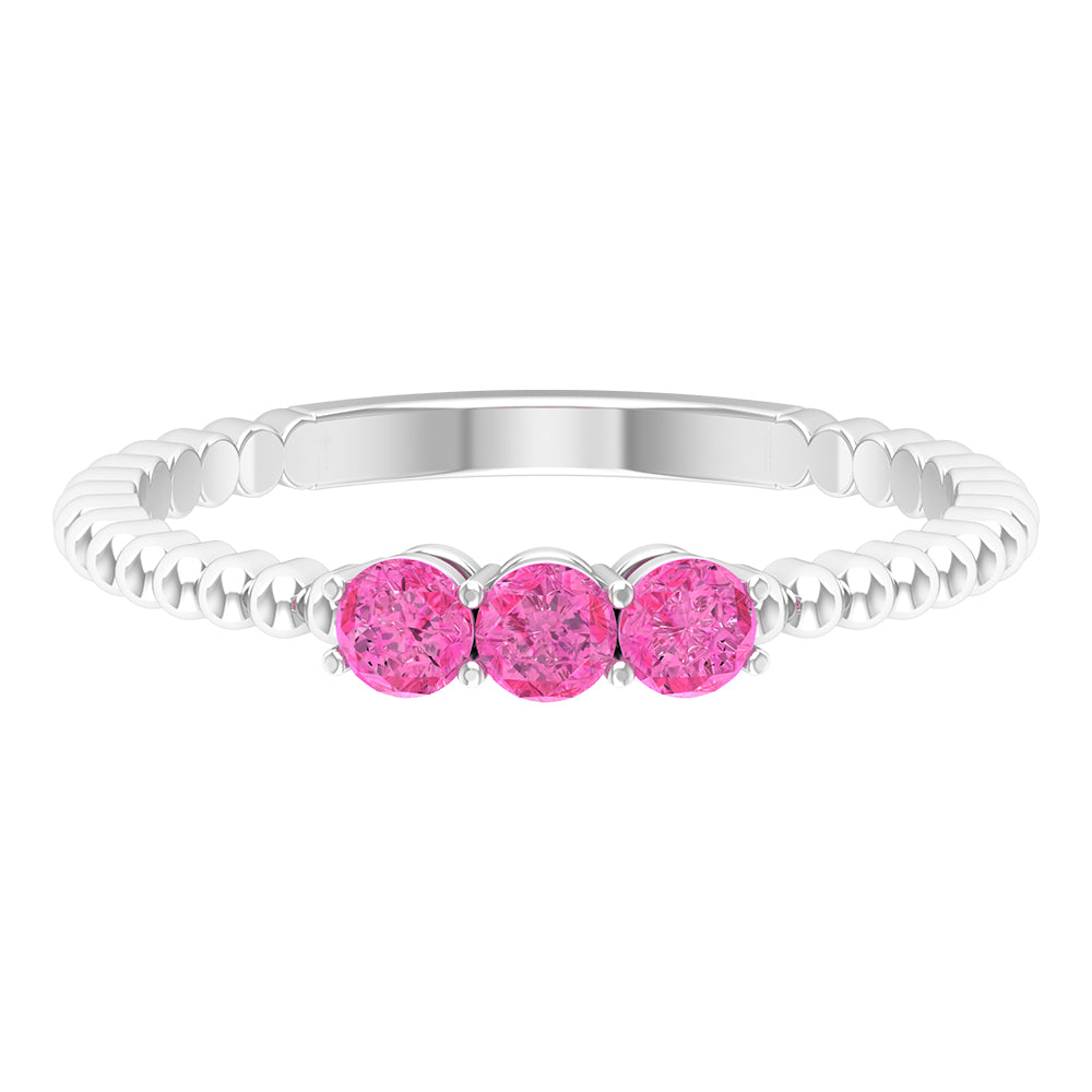 1/2 CT Pink Sapphire and Gold Beaded Three Stone Promise Ring
