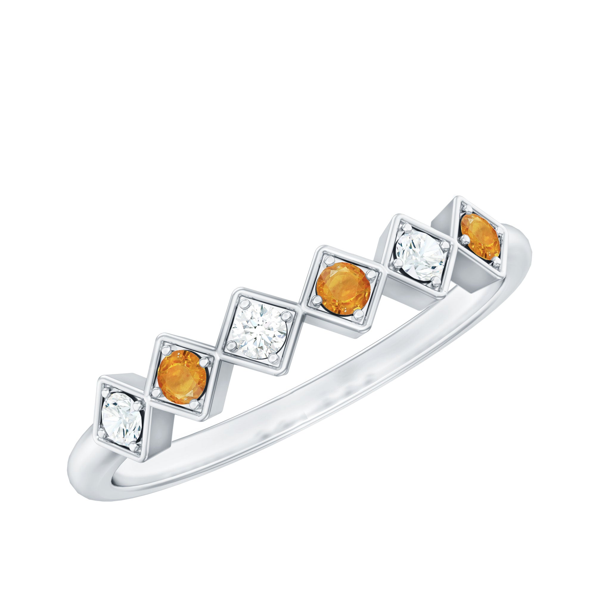 Orange Sapphire and Moissanite Geometric Half Eternity Ring