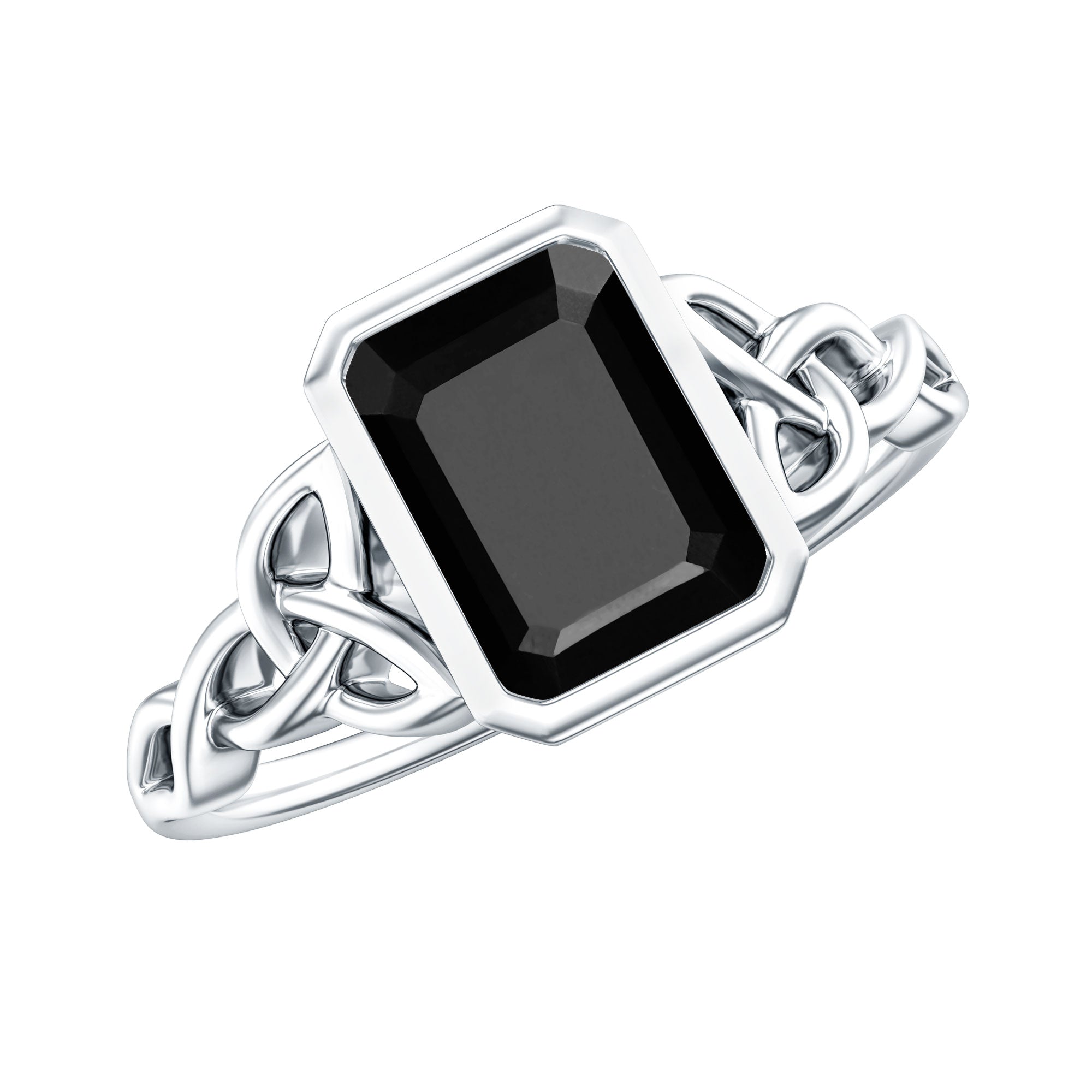 Emerald Cut Black Onyx Bezel Set Engagement Ring with Surprise Diamond AAA - Rosec Jewels