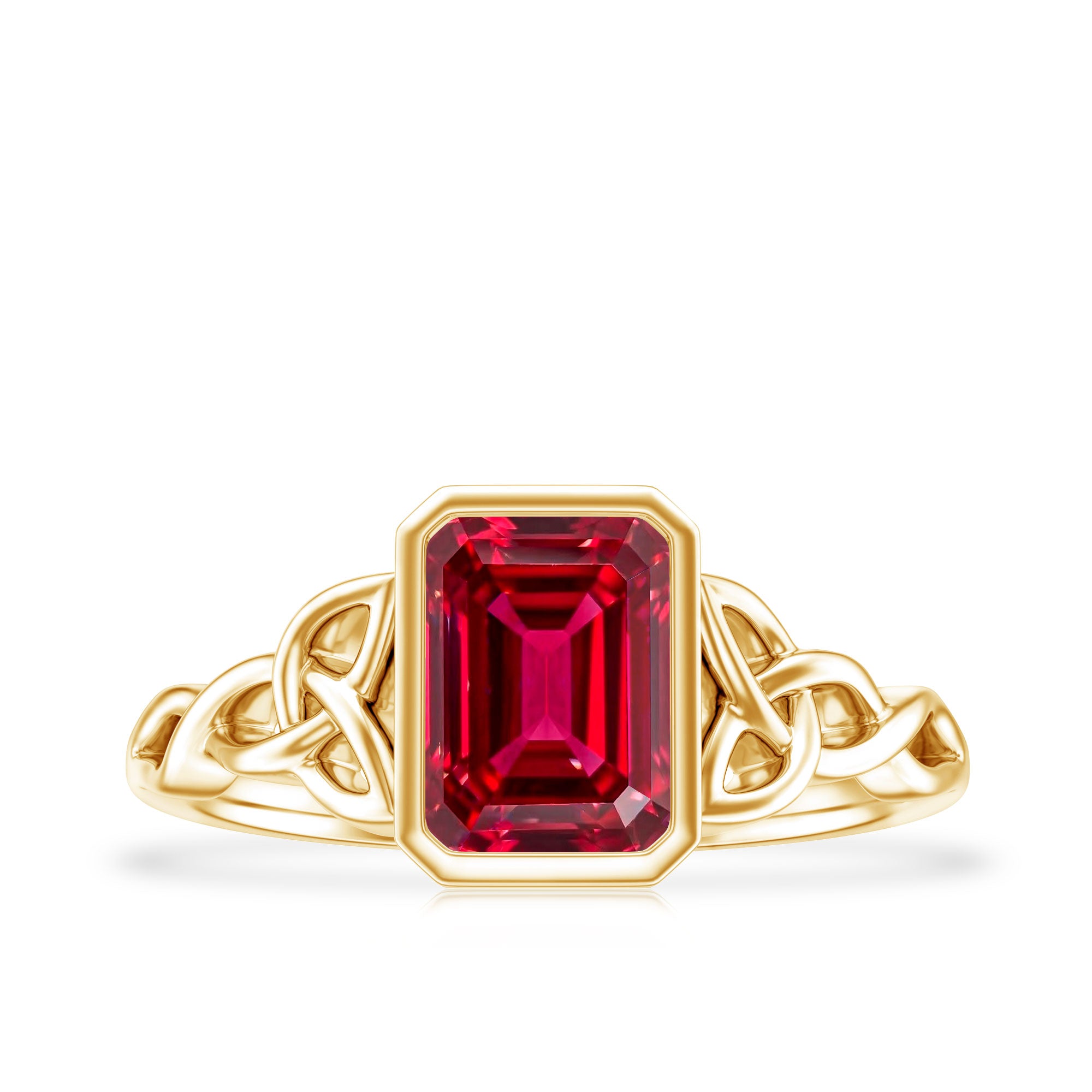 Bezel Set Emerald Cut Lab Created Ruby Celtic Engagement Ring AAAA - Rosec Jewels