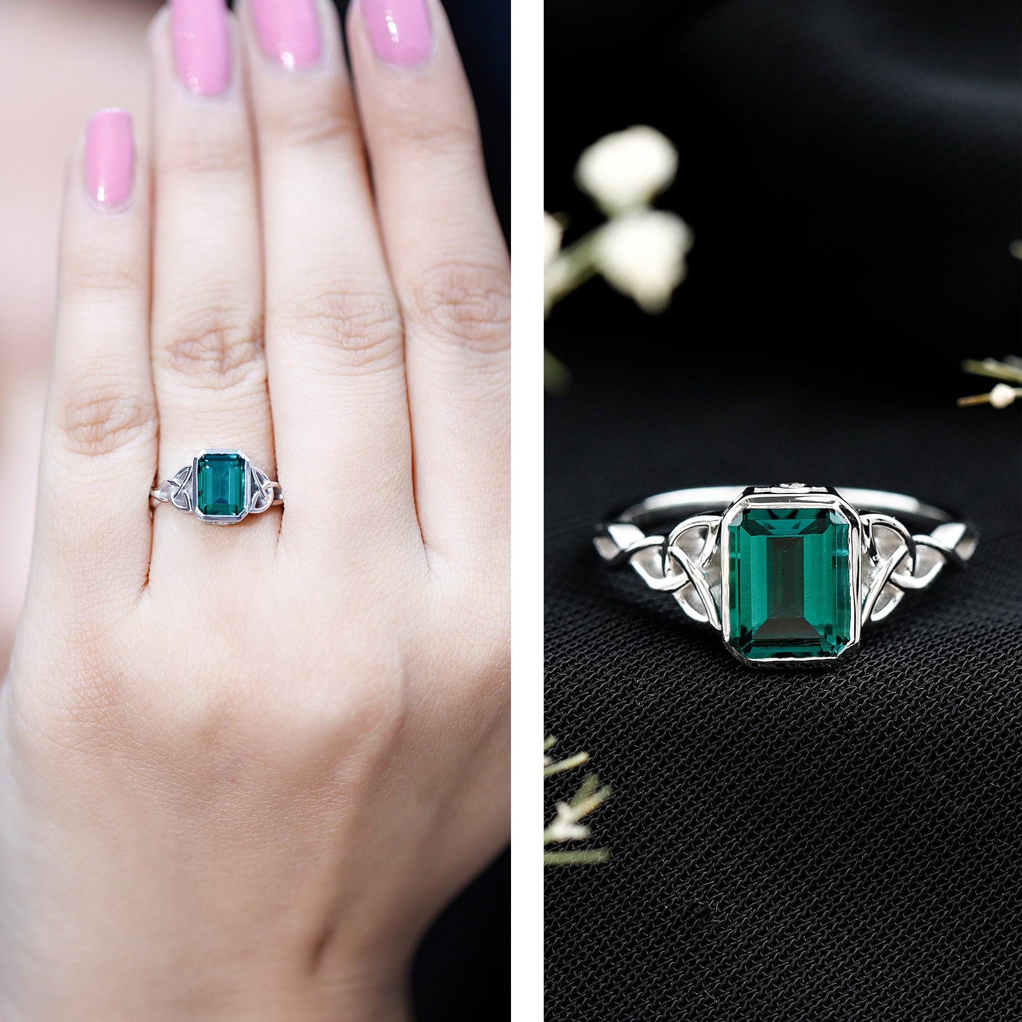 Certified Lab Grown Emerald Cut Emerald Engagement Ring with Celtic Knot AAAA - Rosec Jewels