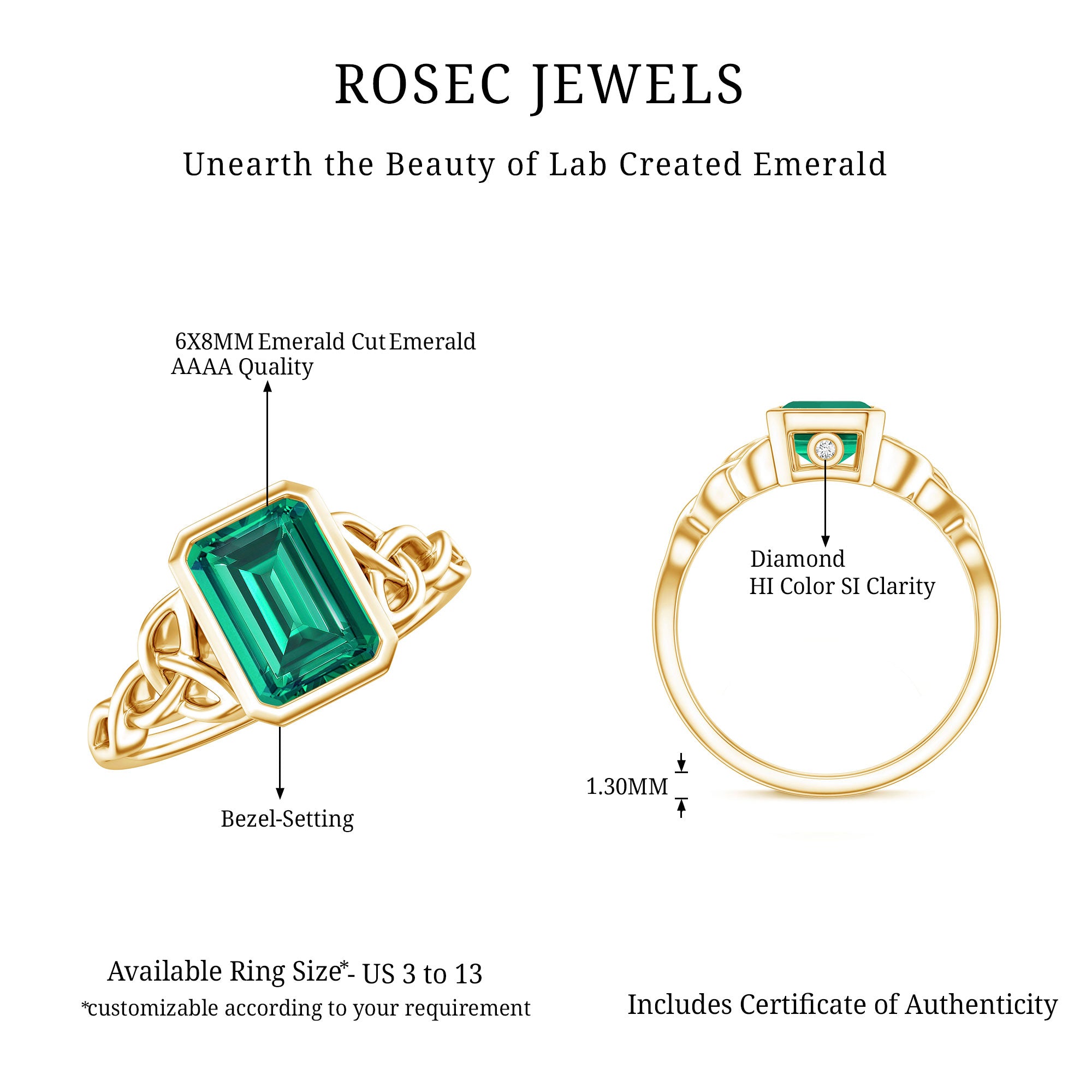 Certified Lab Grown Emerald Cut Emerald Engagement Ring with Celtic Knot AAAA - Rosec Jewels