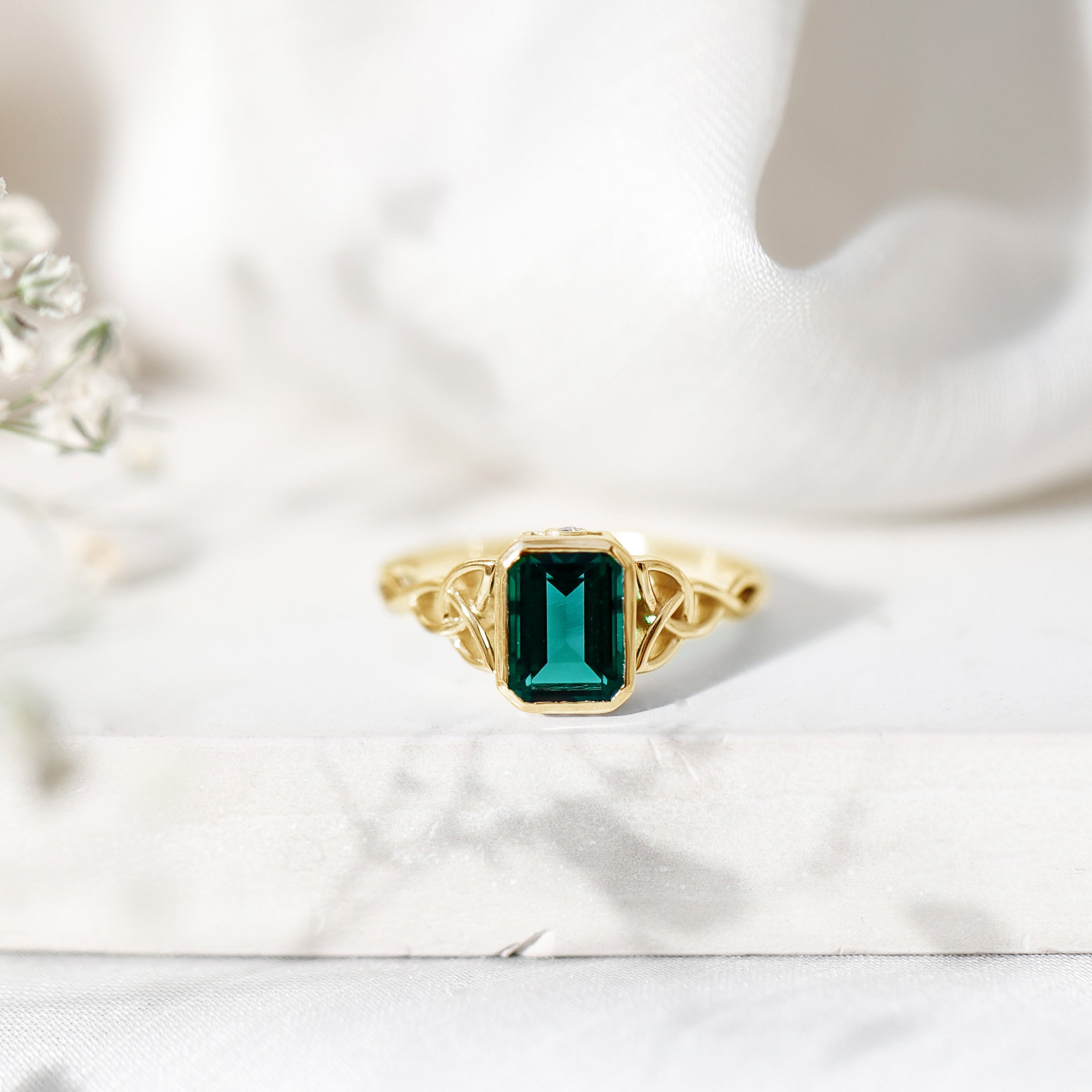 Certified Lab Grown Emerald Cut Emerald Engagement Ring with Celtic Knot AAAA - Rosec Jewels