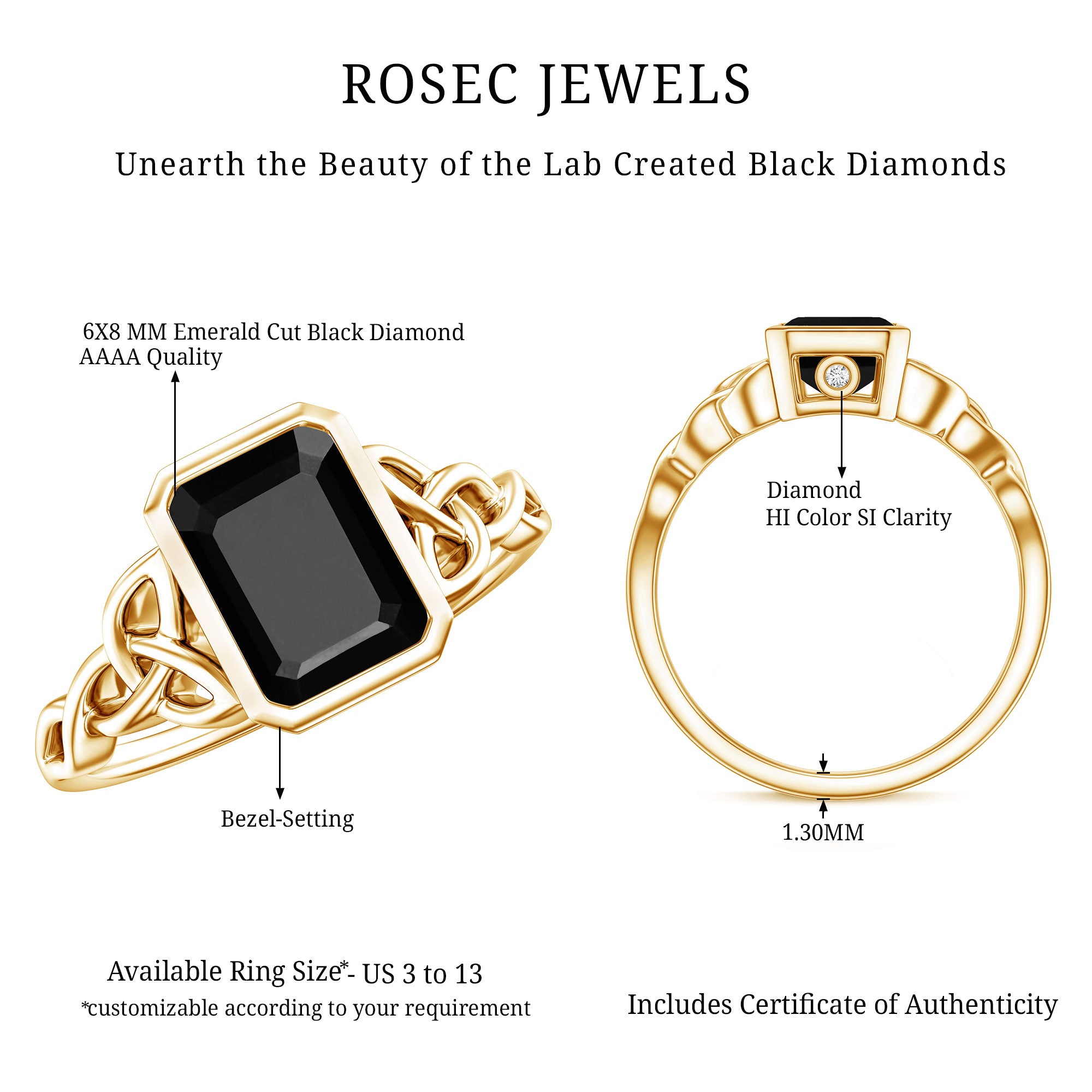 1.6 Carat Lab Grown Black Diamond Celtic Knot Engagement Ring with Surprise White Diamond AAAA ( Synthetic ) - Rosec Jewels