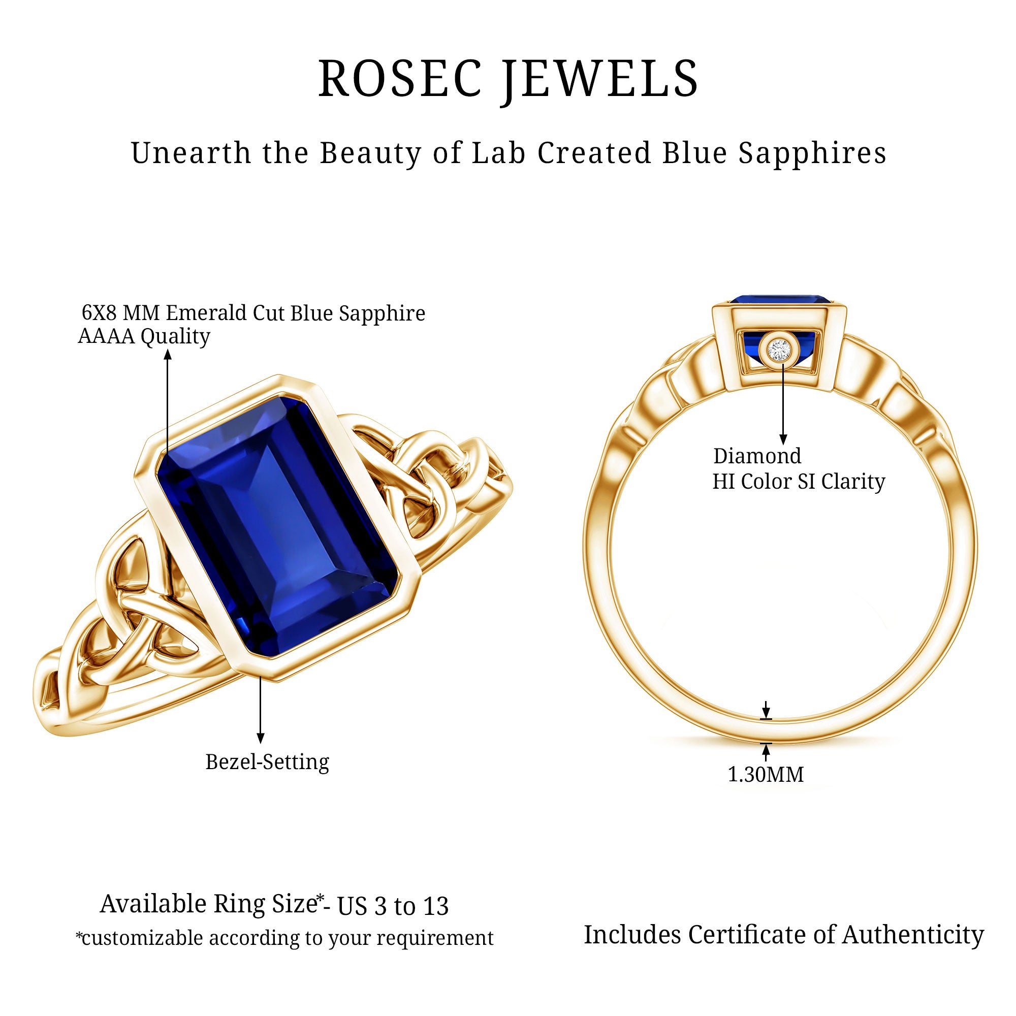 Solitaire Created Blue Sapphire Celtic Engagement Ring AAAA - Rosec Jewels