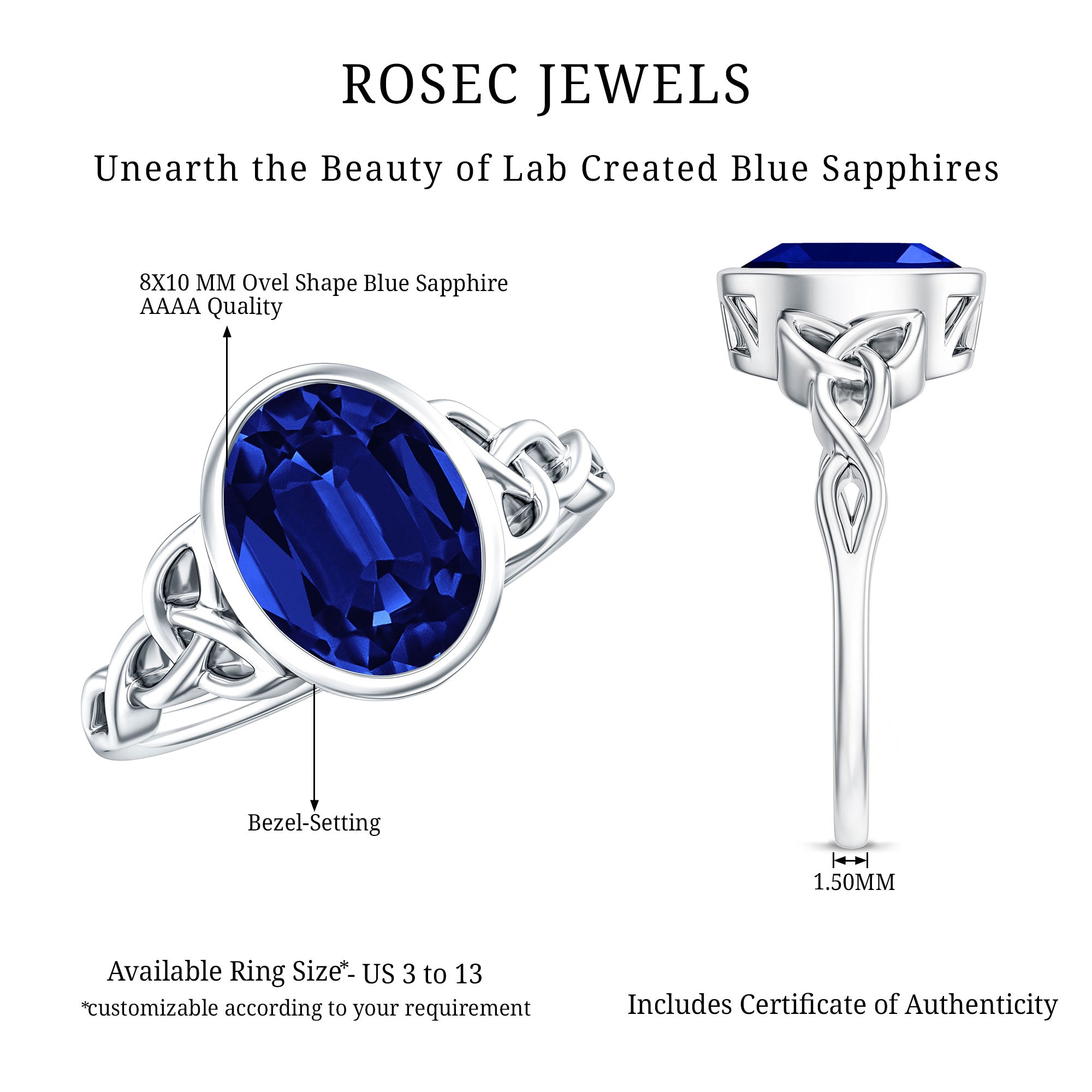Certified 4 Carat Oval Lab Grown Blue Sapphire Bezel Set Engagement Ring AAAA - Rosec Jewels