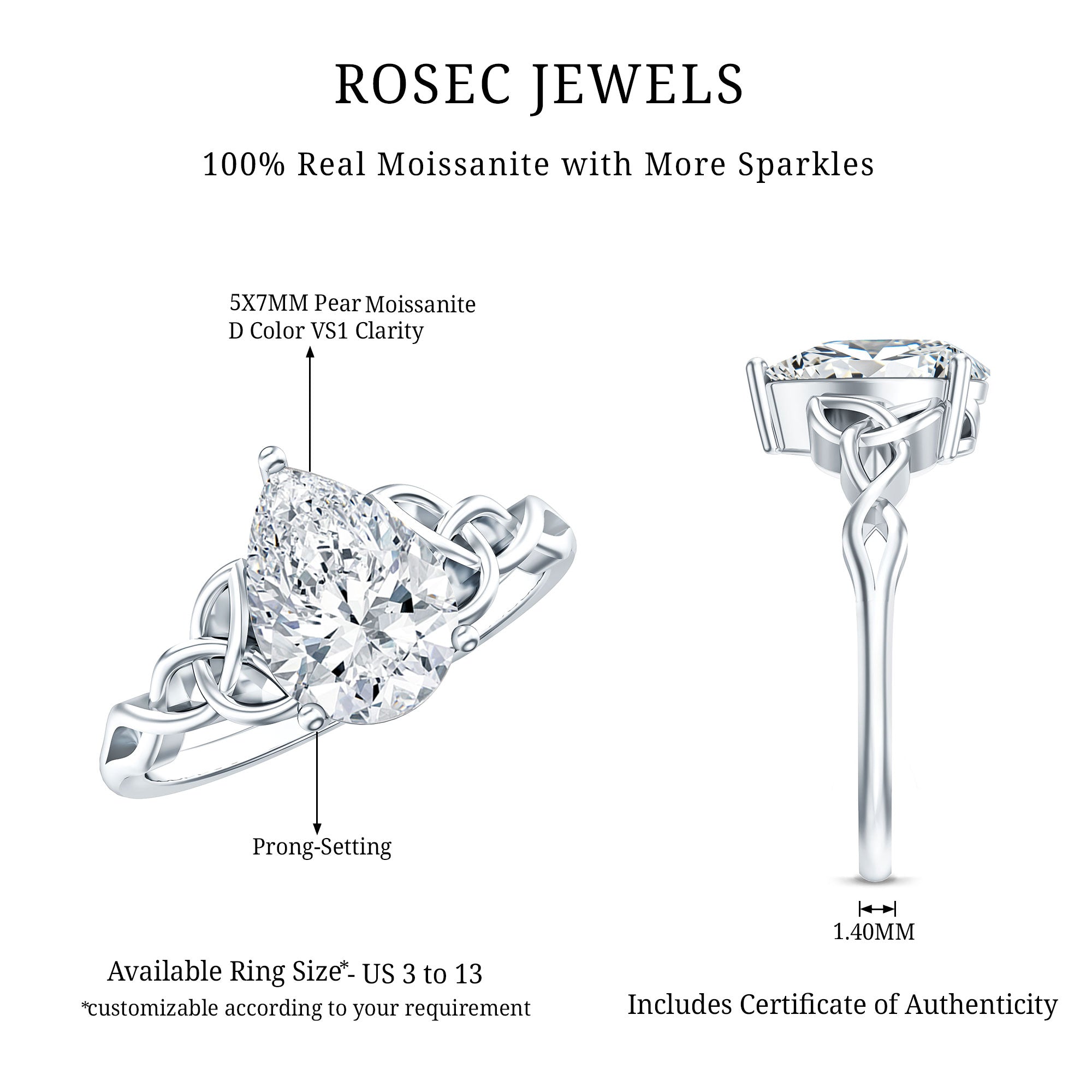 Pear Cut 0.79 Carat Moissanite Celtic Engagement Ring D-VS1 - Rosec Jewels