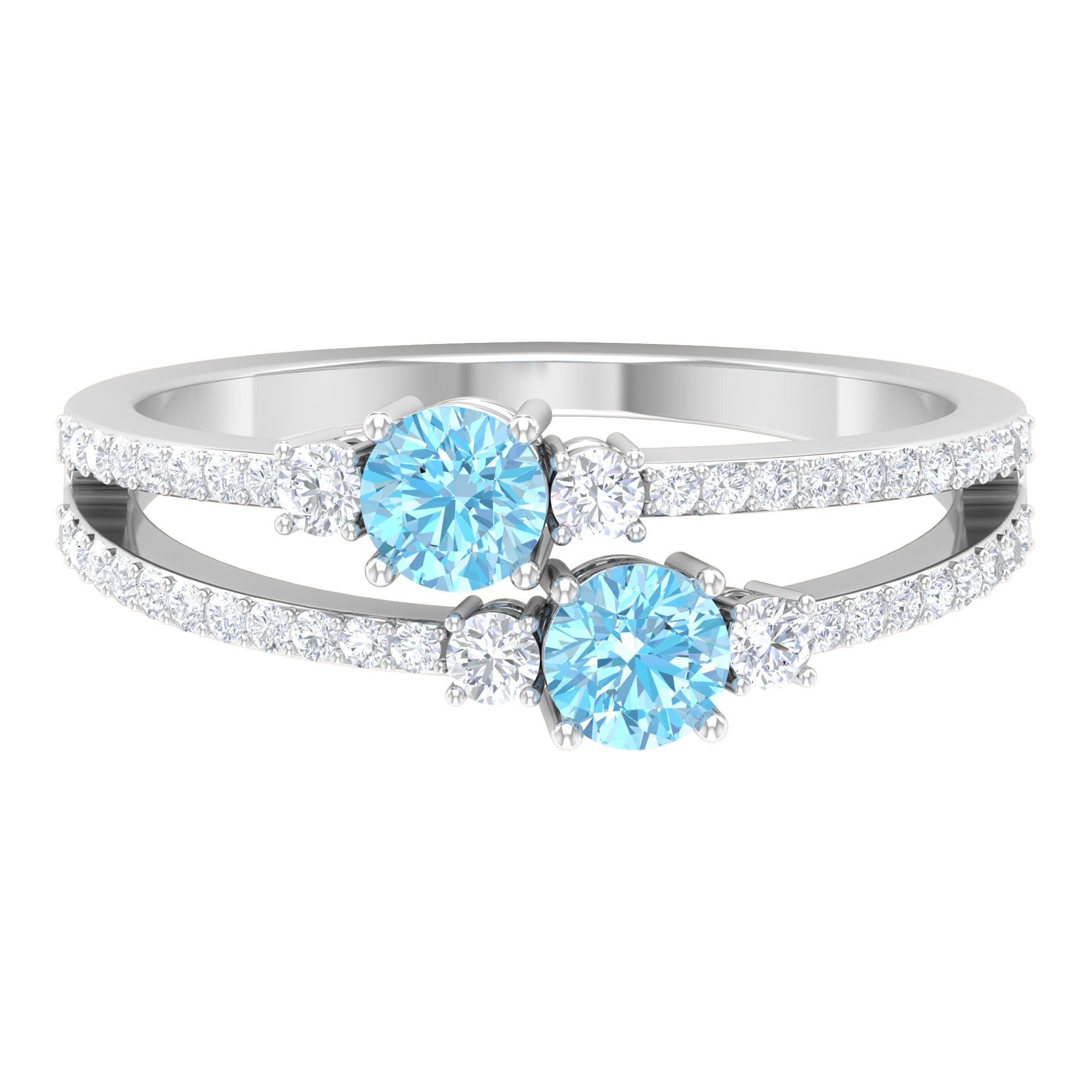 Natural Aquamarine Diamond 2 Stone Promise Ring with Split Shank AAA - Rosec Jewels