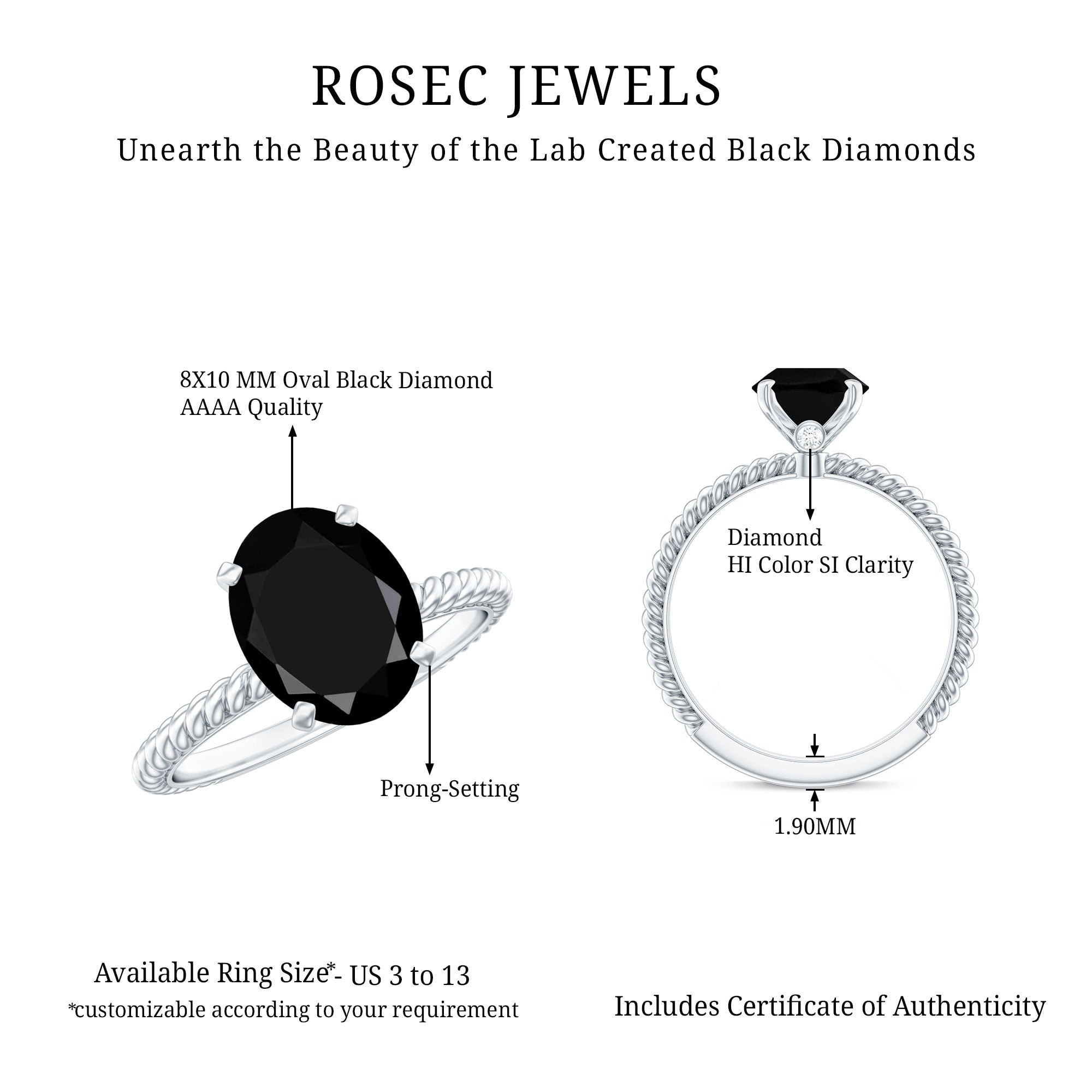 4.2 Carat Oval Lab Grown Black Diamond Solitaire Engagement Ring with Surprise White Diamond AAAA ( Synthetic ) - Rosec Jewels