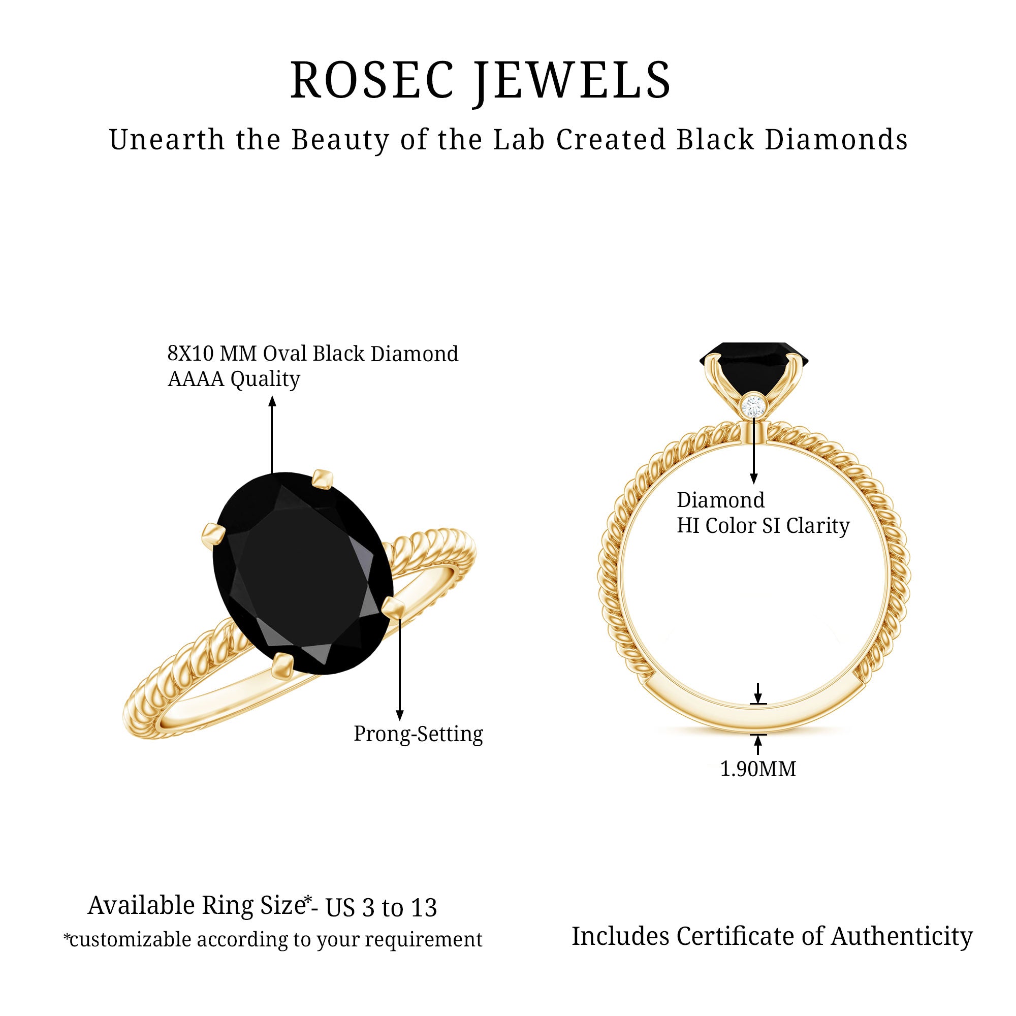4.2 Carat Oval Lab Grown Black Diamond Solitaire Engagement Ring with Surprise White Diamond AAAA ( Synthetic ) - Rosec Jewels