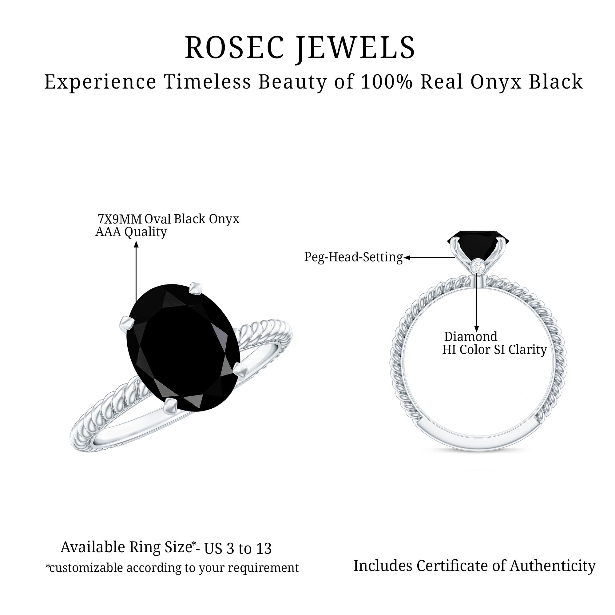 7X9mm Oval Cut Black Onyx Solitaire Engagement Ring with Diamond AAA - Rosec Jewels