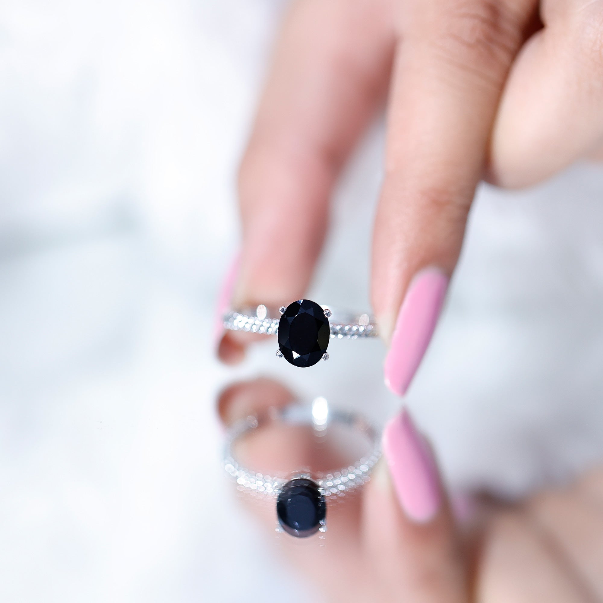 7X9mm Oval Cut Black Onyx Solitaire Engagement Ring with Diamond AAA - Rosec Jewels