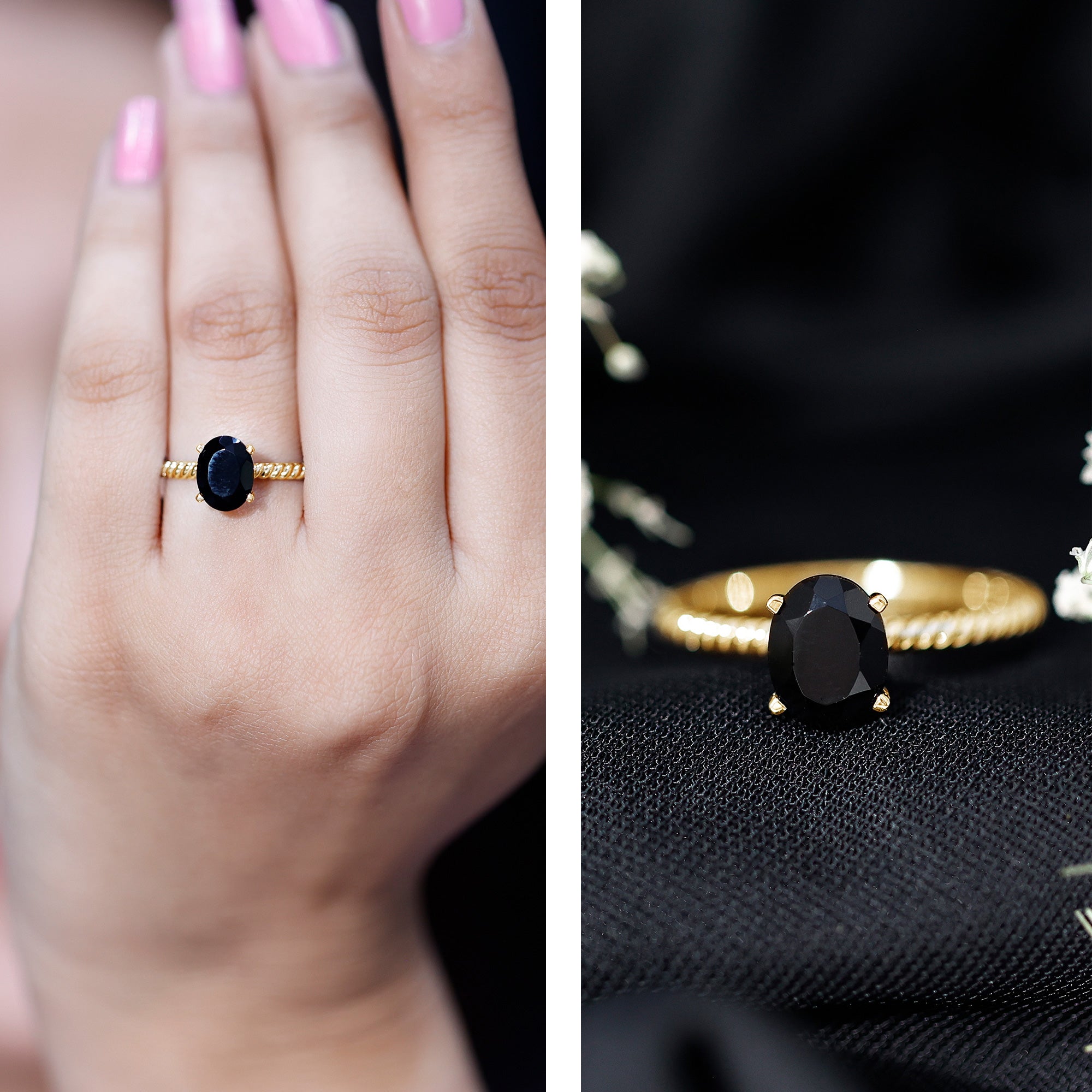 7X9mm Oval Cut Black Onyx Solitaire Engagement Ring with Diamond AAA - Rosec Jewels
