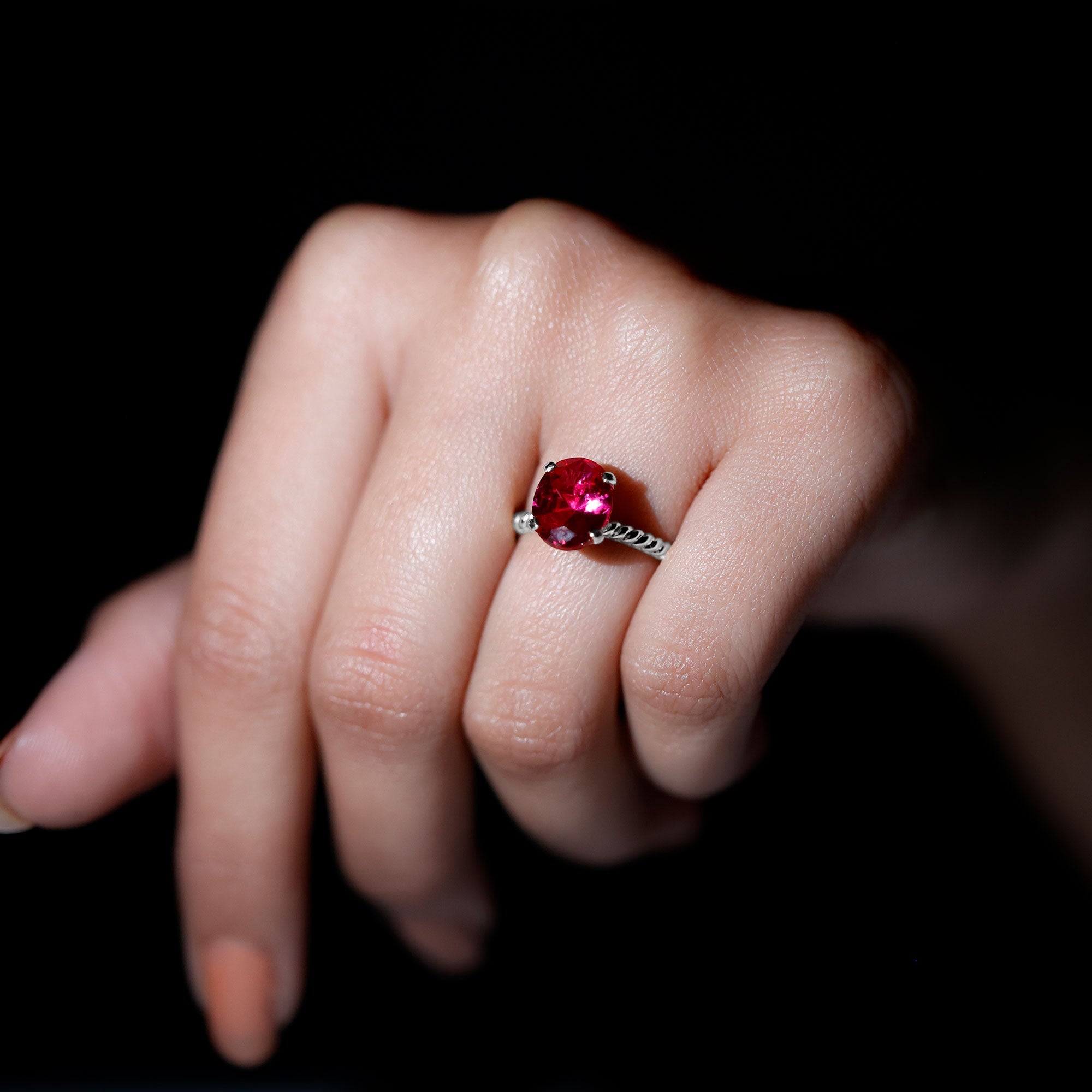 Created Ruby Solitaire Ring with Surprise Diamond and Twisted Rope AAAA - Rosec Jewels