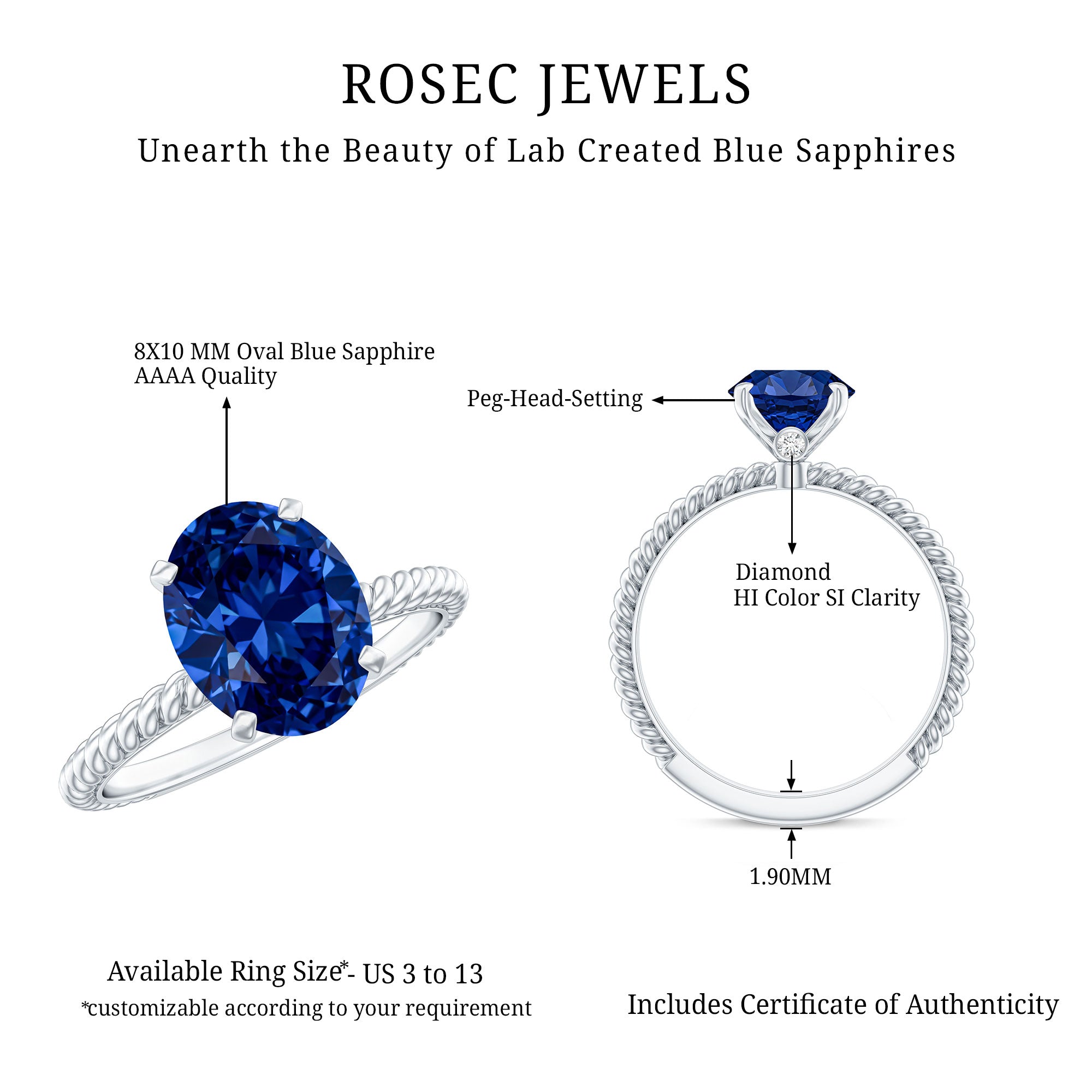 Certified 4 Carat Lab Grown Blue Sapphire Engagement Ring with Surprise Diamond AAAA - Rosec Jewels