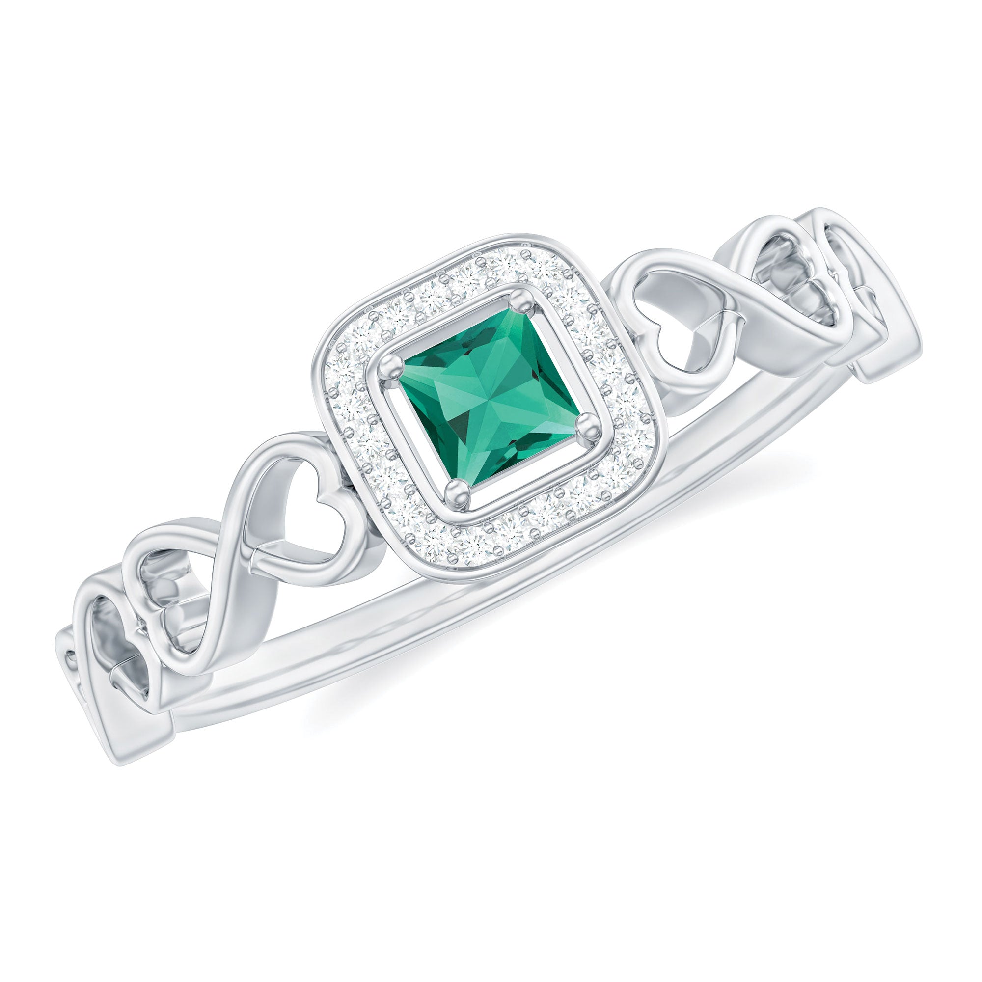 Lab Grown Emerald Princess Cut Promise Ring with Diamond Halo
