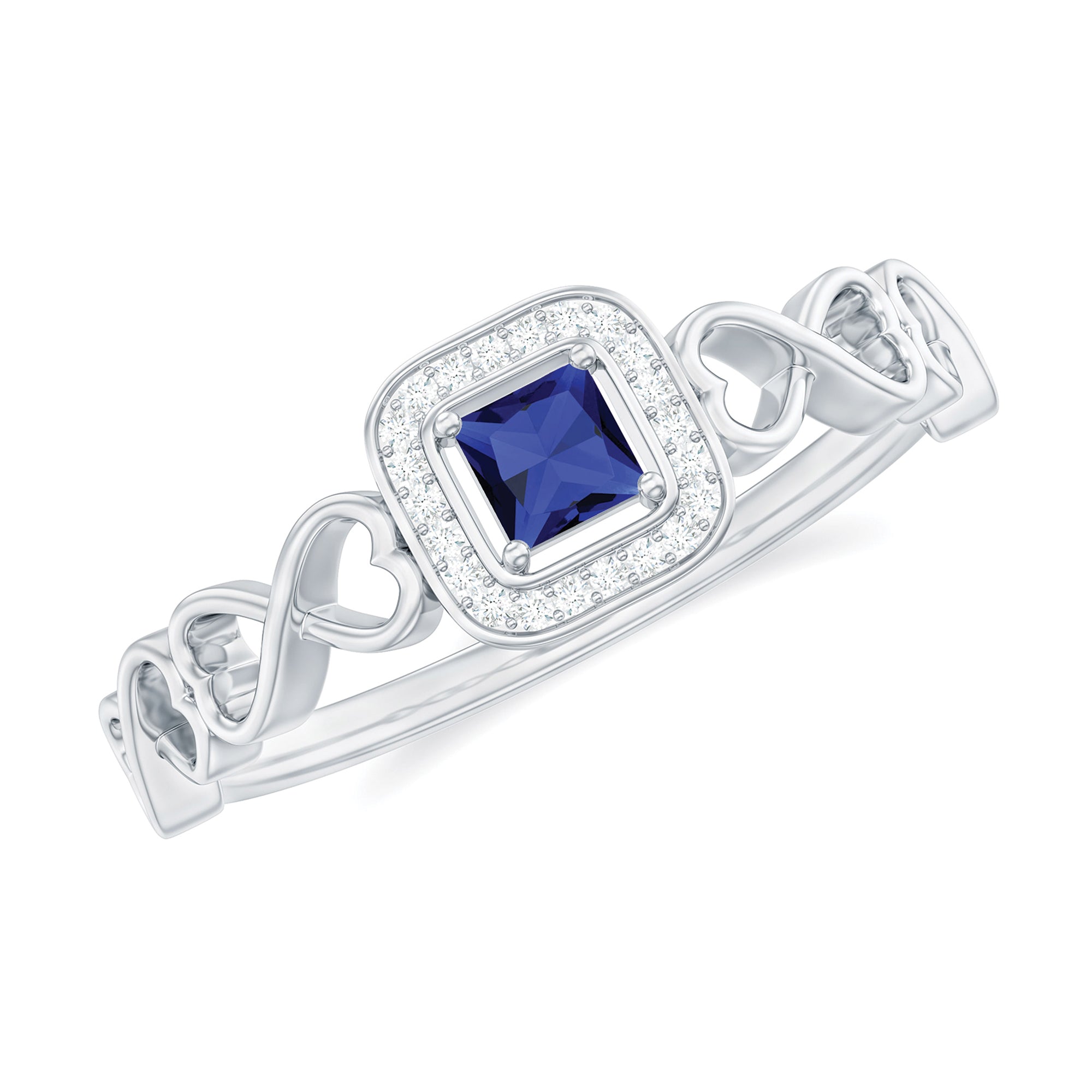 Certified Lab Blue Sapphire Diamond Promise Ring with Infinity Heart Shank AAAA - Rosec Jewels