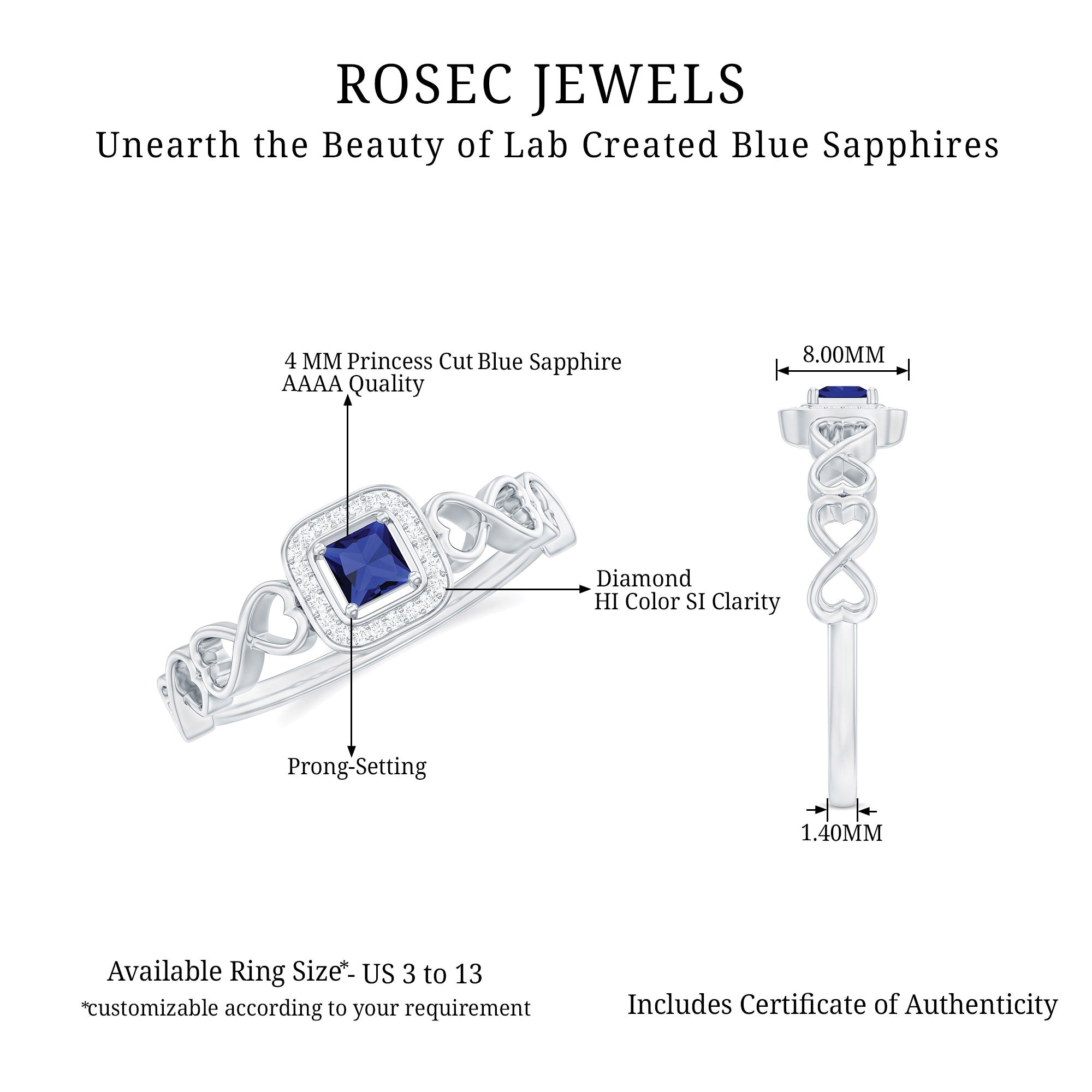 Certified Lab Blue Sapphire Diamond Promise Ring with Infinity Heart Shank AAAA - Rosec Jewels