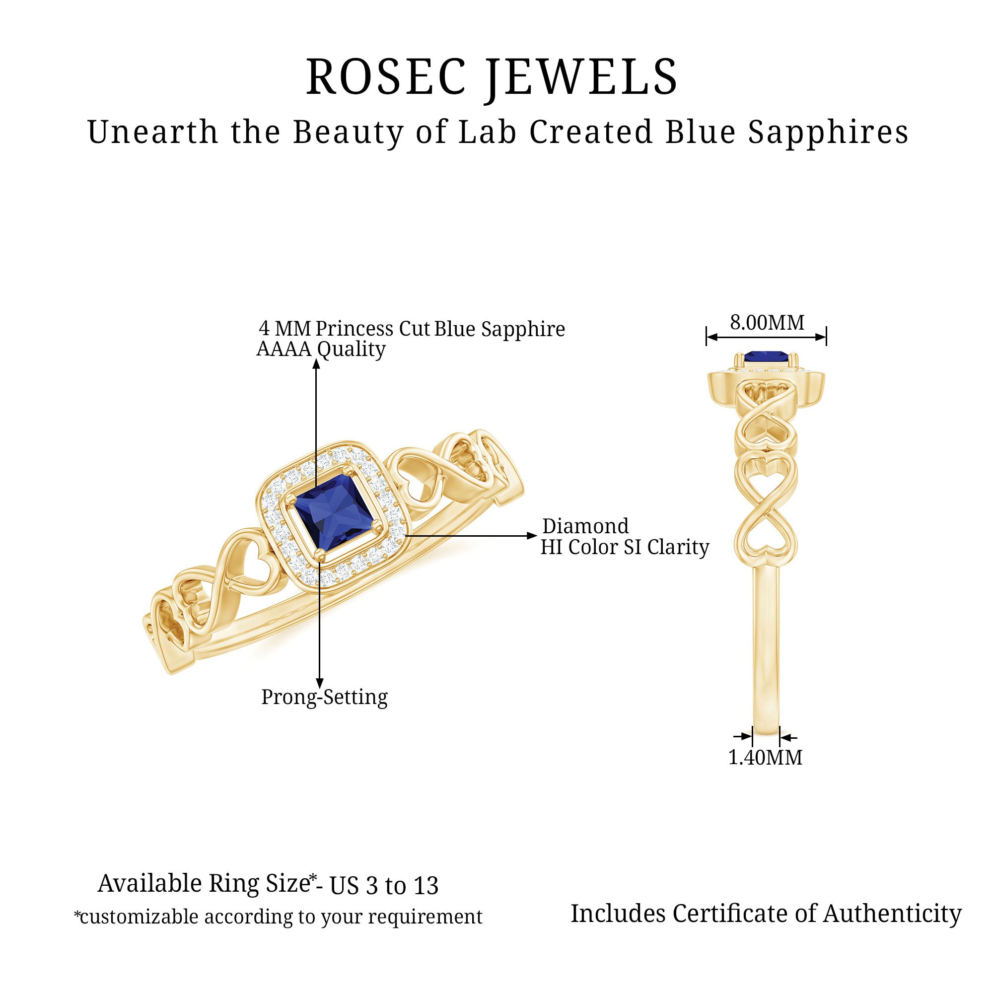 Certified Lab Blue Sapphire Diamond Promise Ring with Infinity Heart Shank AAAA - Rosec Jewels