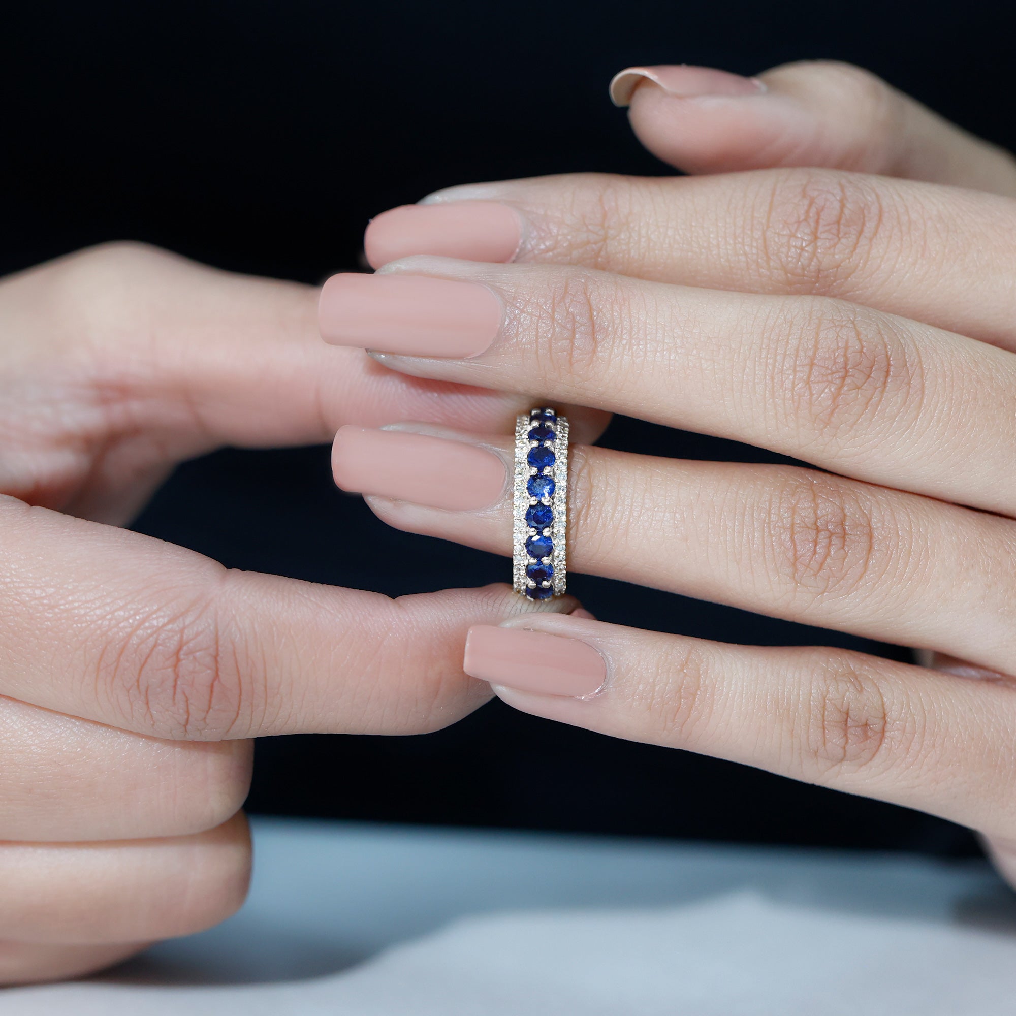 Certified Lab Grown Blue Sapphire Half Eternity Band Ring with Diamond AAAA - Rosec Jewels