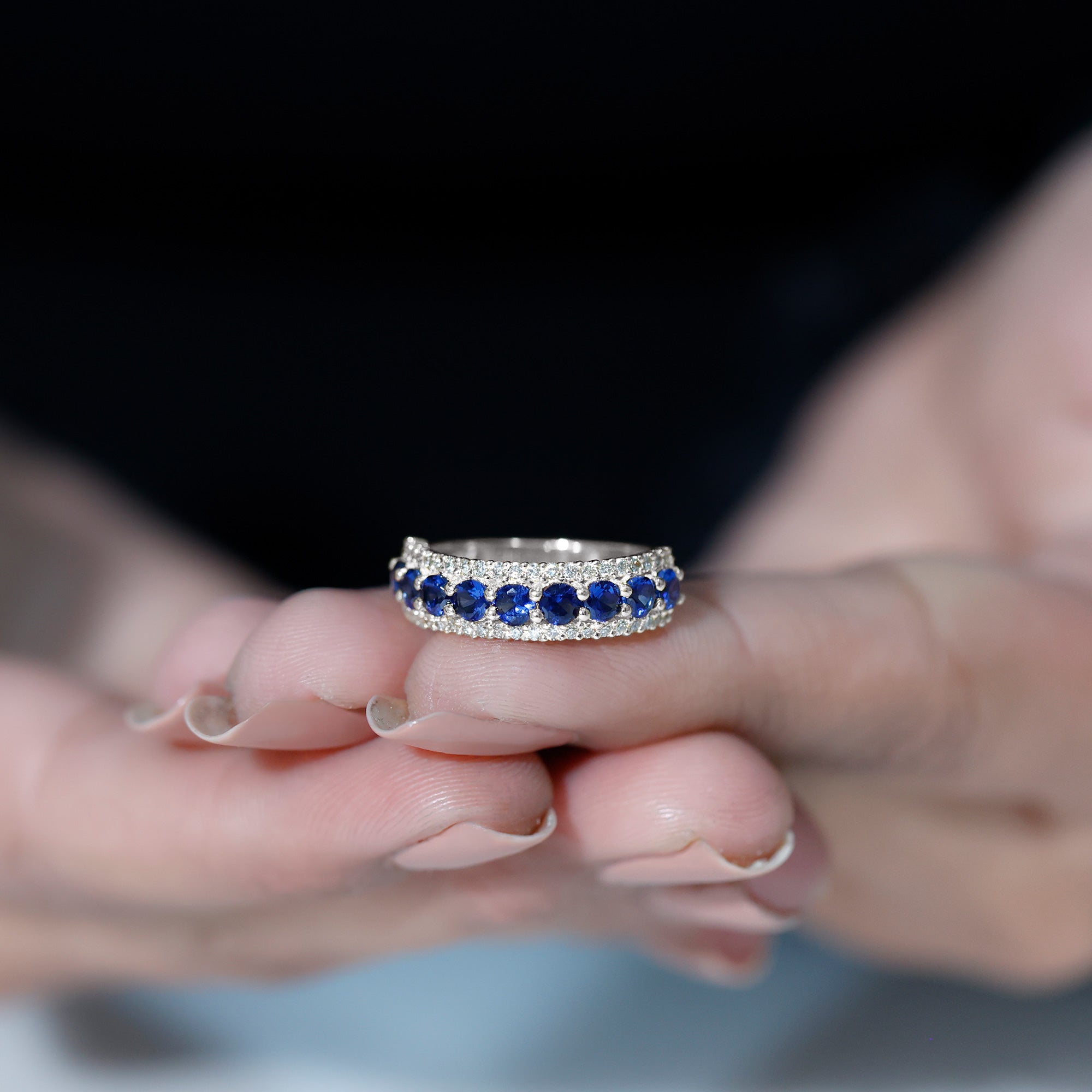 Certified Lab Grown Blue Sapphire Half Eternity Band Ring with Diamond AAAA - Rosec Jewels