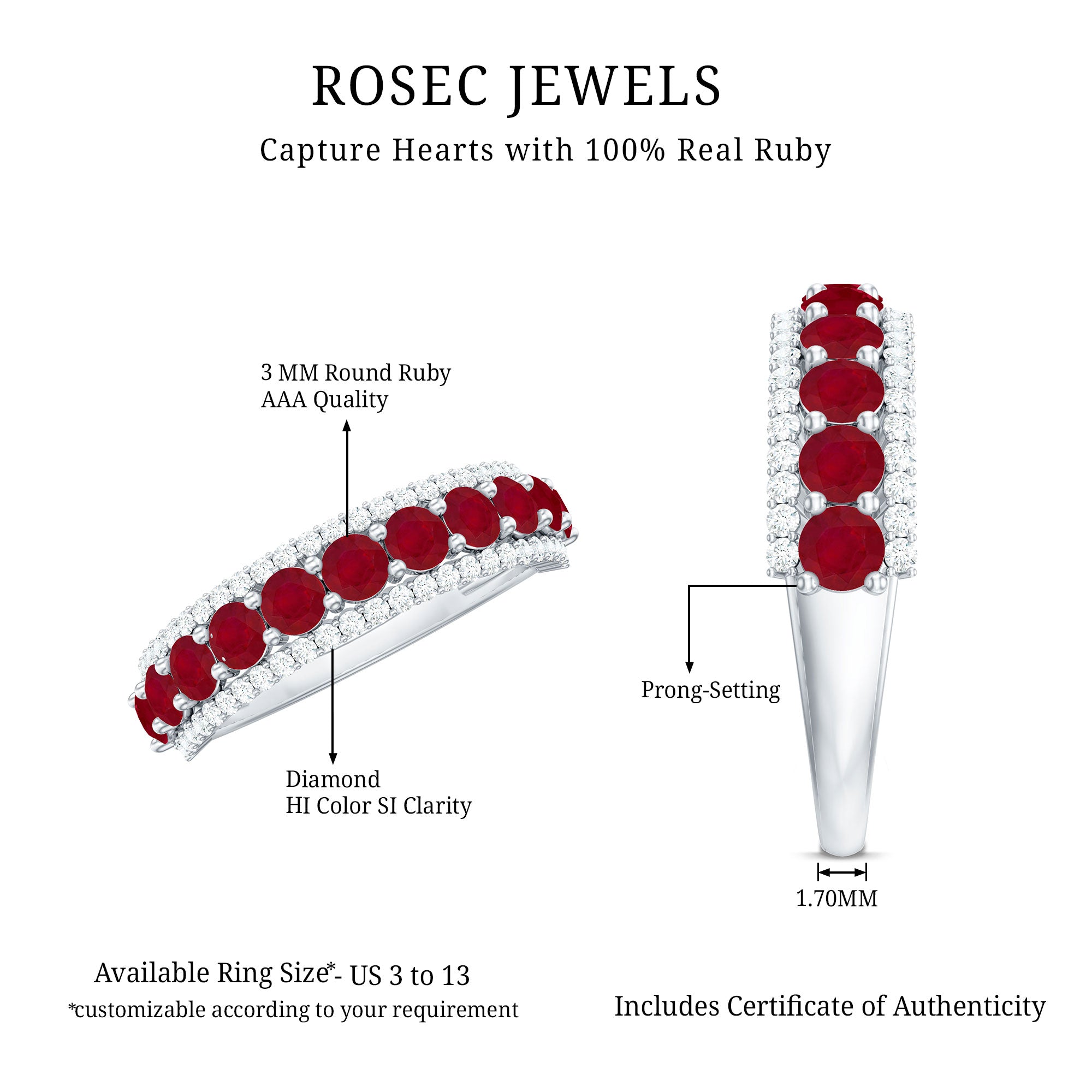 Rosec Jewels-Natural Ruby Diamond Half Eternity Anniversary Band Ring for Women