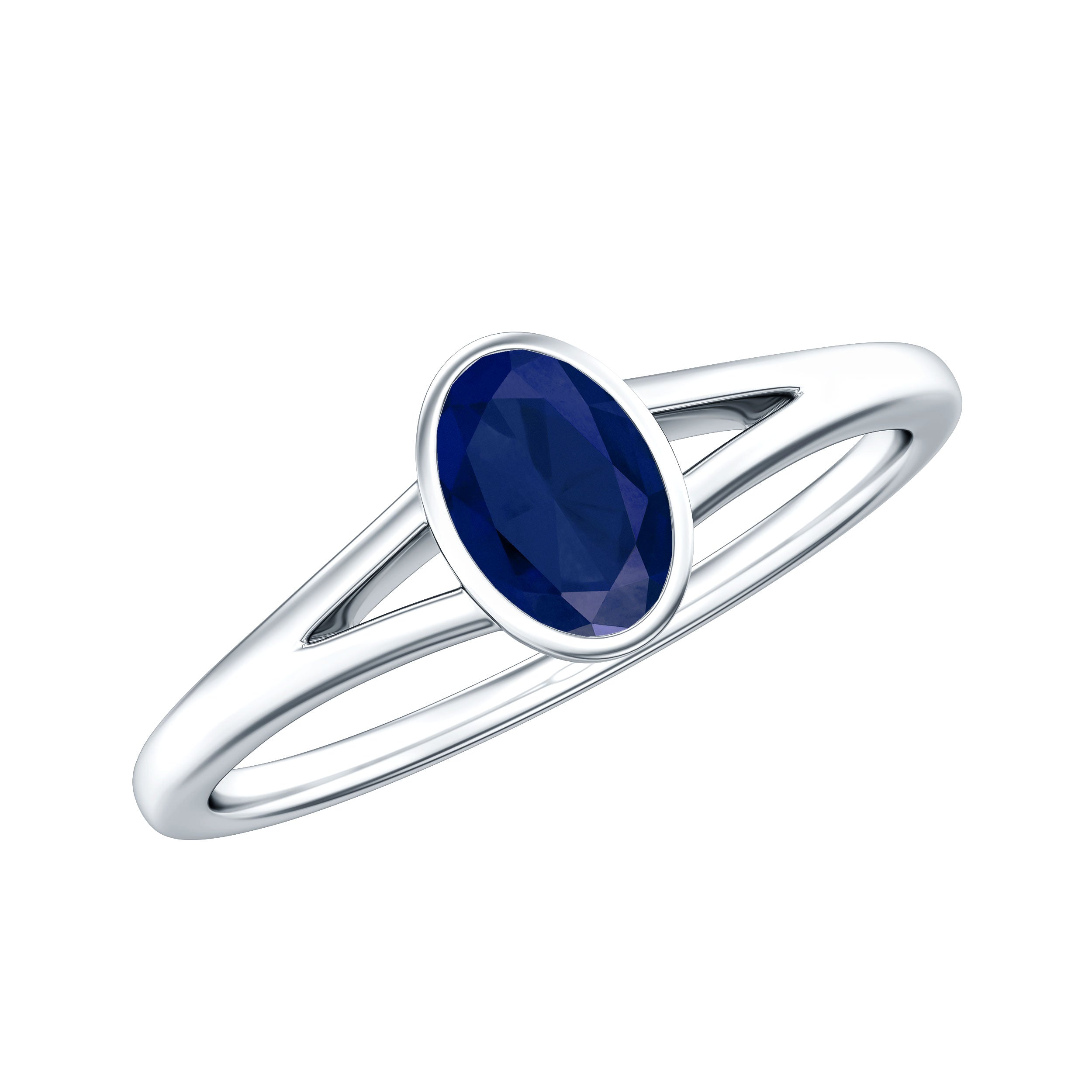 Natural 0.6 Carat Oval Shape Blue Sapphire Promise Ring with Split Shank AAA - Rosec Jewels