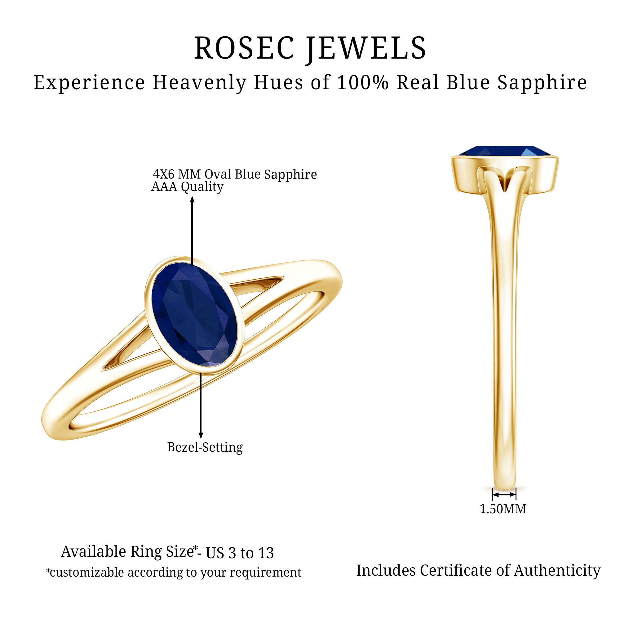 Natural 0.6 Carat Oval Shape Blue Sapphire Promise Ring with Split Shank AAA - Rosec Jewels