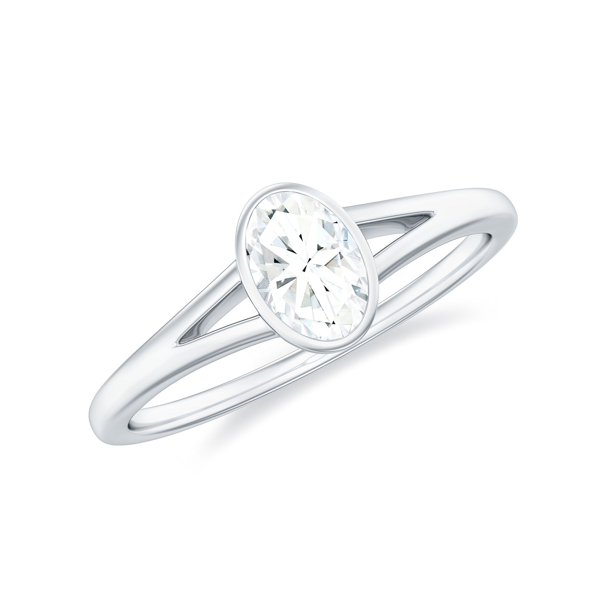 Bezel Set Oval Cut Moissanite Promise Ring in Split Shank