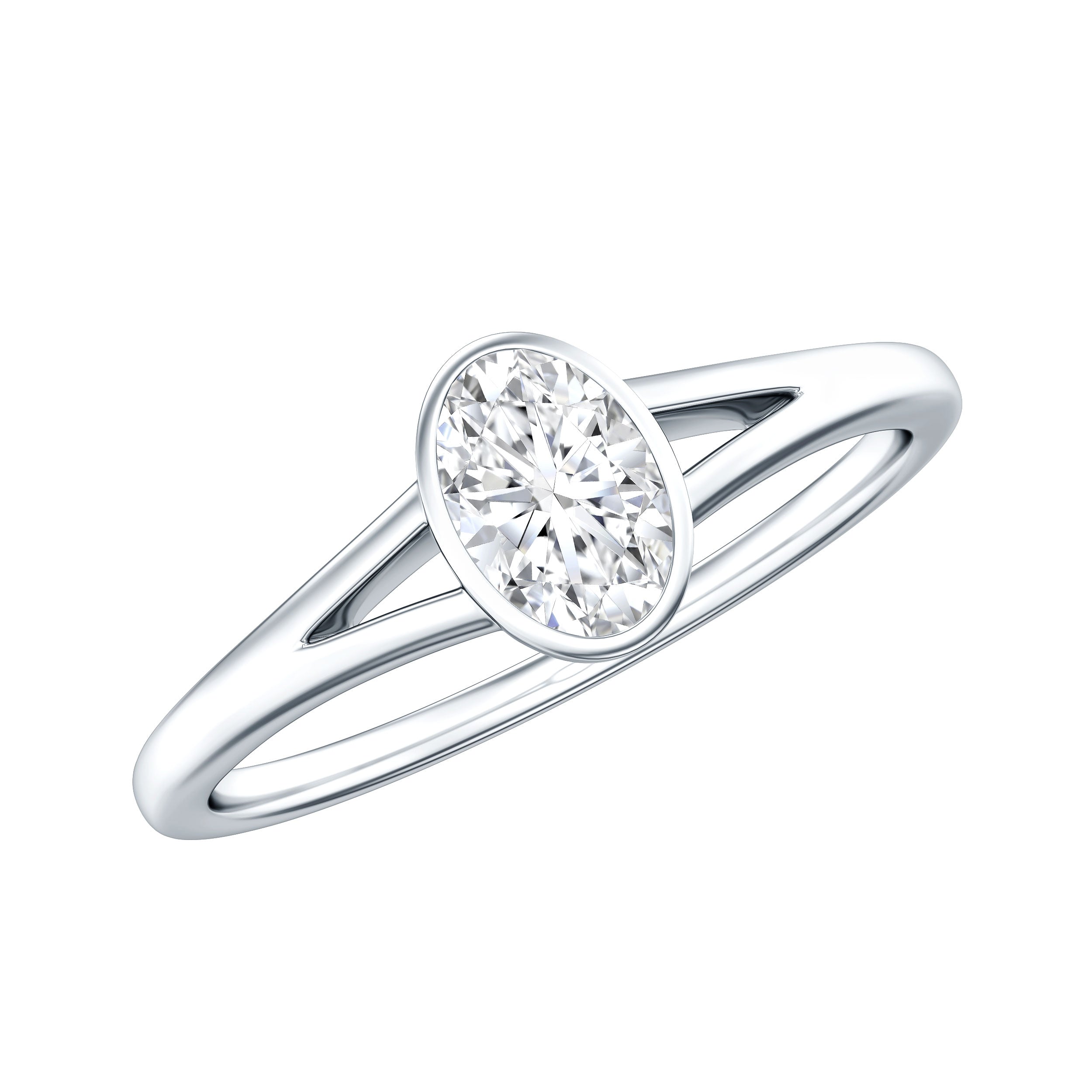 Bezel Set Oval Cut Moissanite Promise Ring in Split Shank D-VS1 - Rosec Jewels
