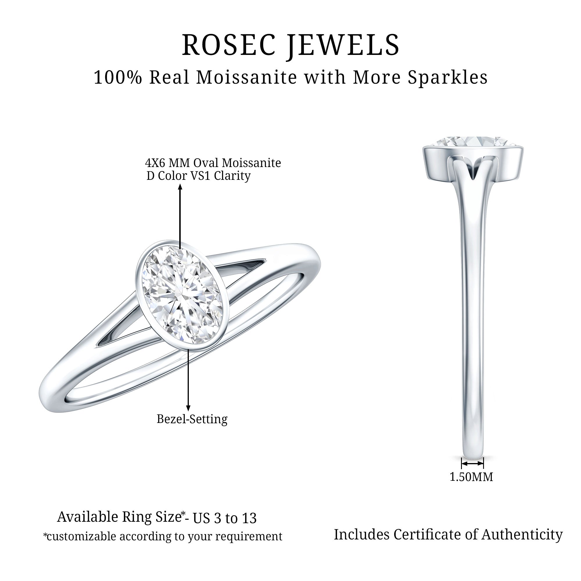 Bezel Set Oval Cut Moissanite Promise Ring in Split Shank D-VS1 - Rosec Jewels