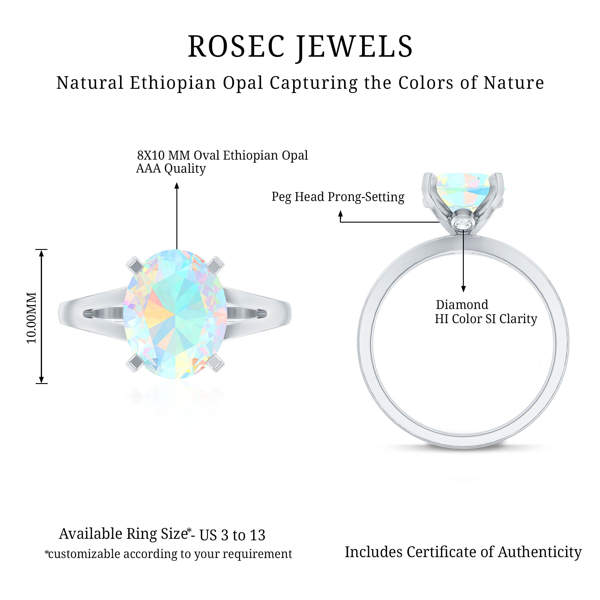 Natural 8X10 mm Ethiopian Opal Diamond Oval Engagement Ring with Split Shank AAA - Rosec Jewels