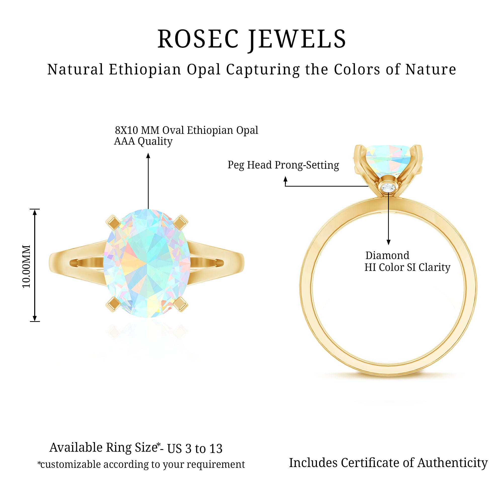 Natural 8X10 mm Ethiopian Opal Diamond Oval Engagement Ring with Split Shank AAA - Rosec Jewels