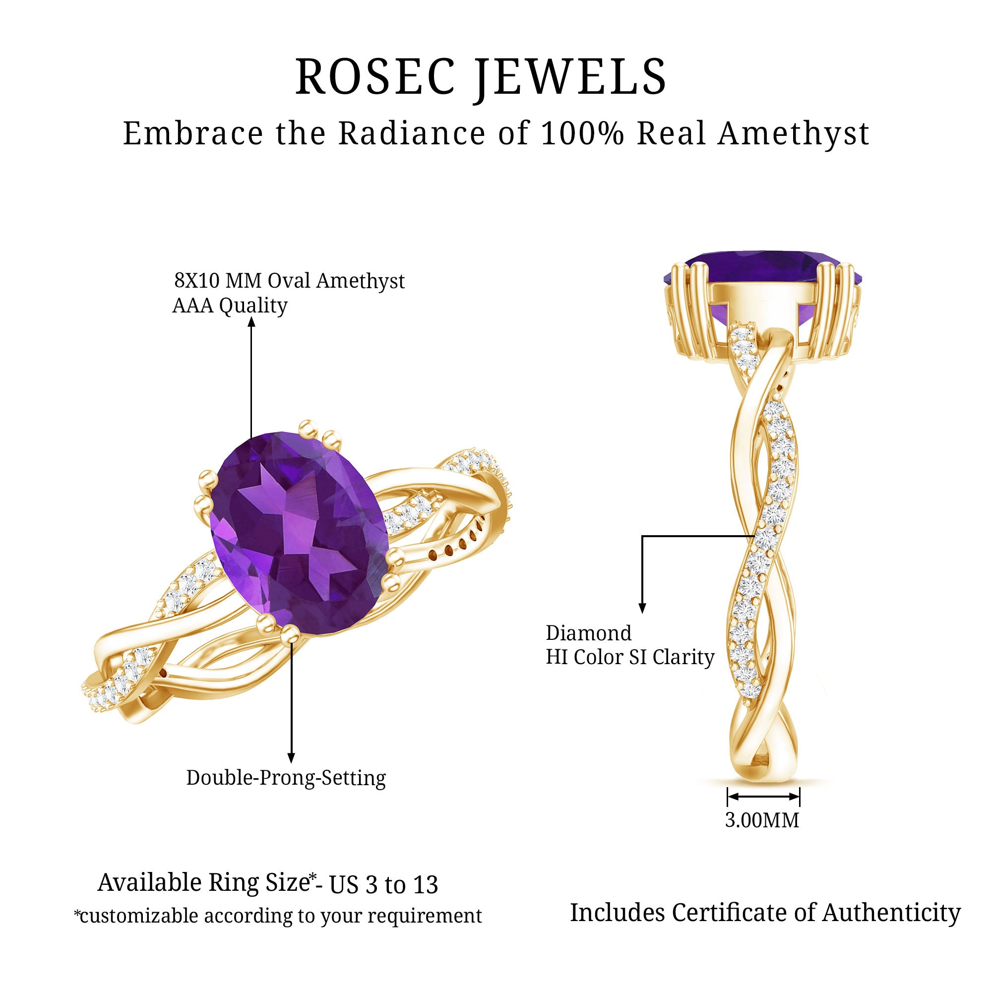 2.5 Carat Amethyst Oval Engagement Ring with Diamond Braided Shank AAA - Rosec Jewels