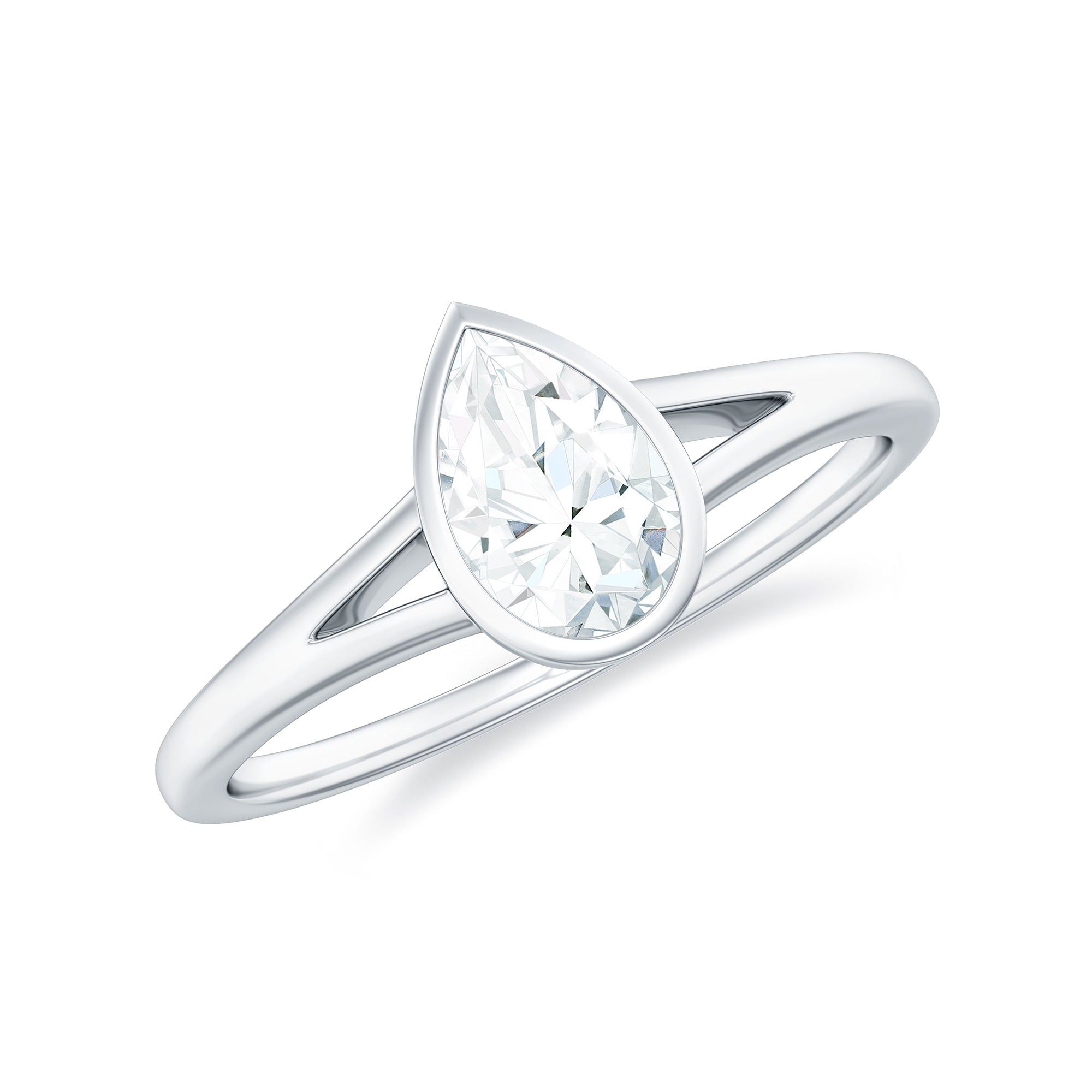 Bezel Set Pear Shaped Moissanite Promise Ring in Split Shank
