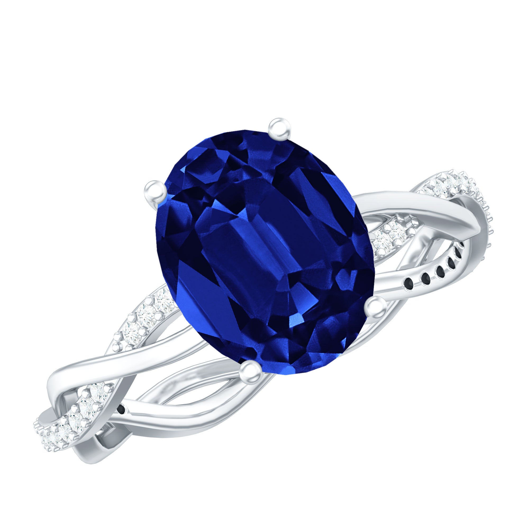Certified 4 Carat Lab Grown Blue Sapphire Oval Engagement Ring with Diamond Braided Shank