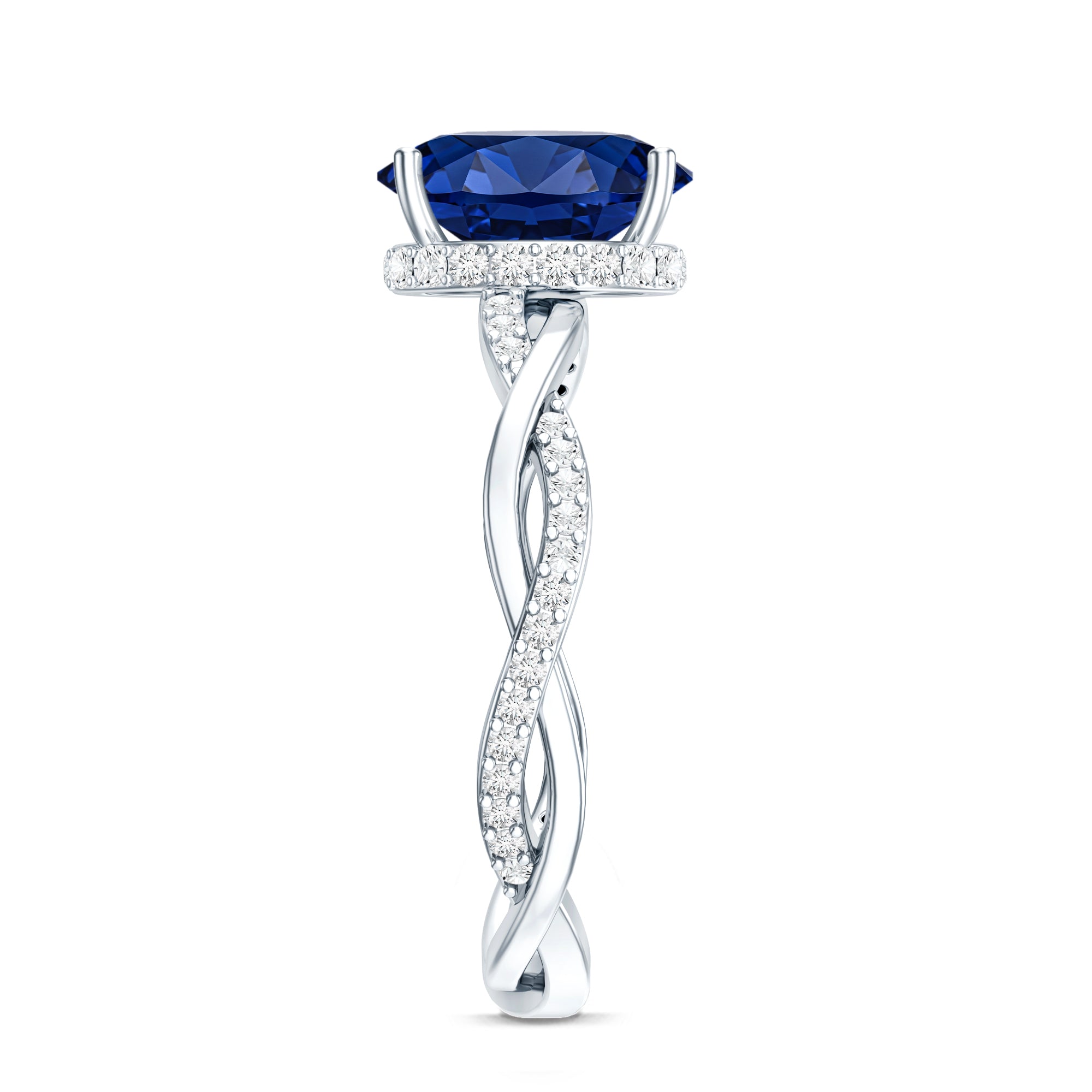 Certified 4 Carat Lab Grown Blue Sapphire Oval Engagement Ring with Diamond Braided Shank AAAA - Rosec Jewels