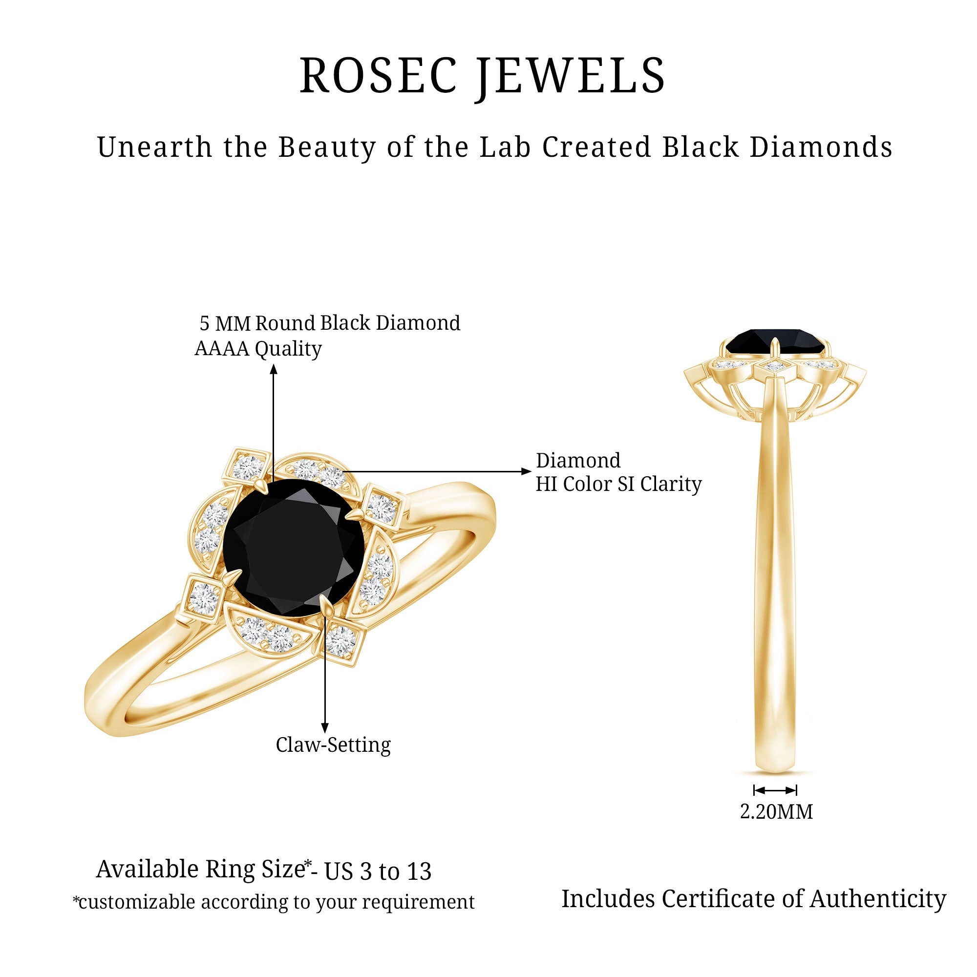 Vintage Looking 0.8 Carat Lab Grown Black and White Diamond Engagement Ring AAAA ( Synthetic ) - Rosec Jewels