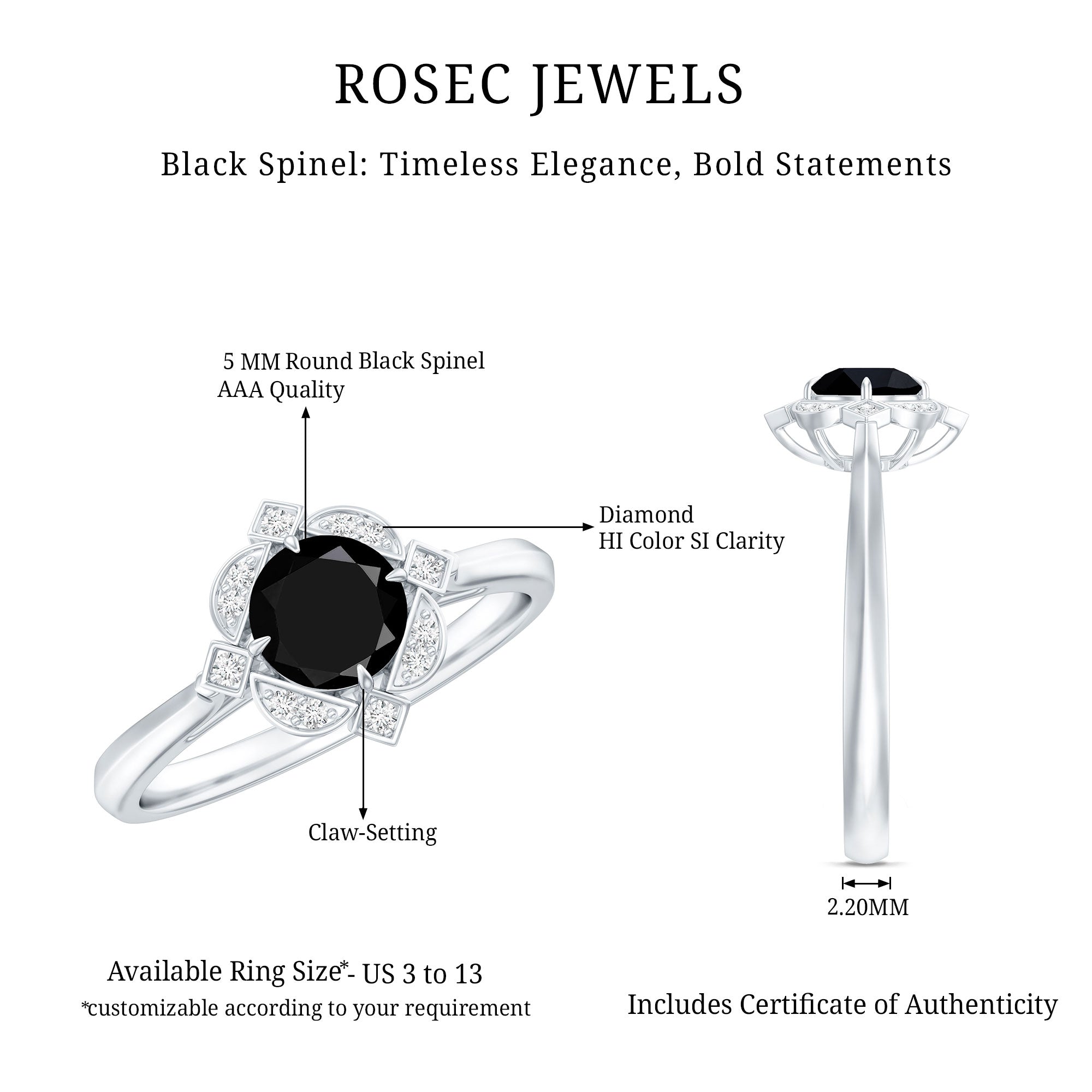 Vintage Style Black Spinel Engagement Ring with Diamond AAA - Rosec Jewels