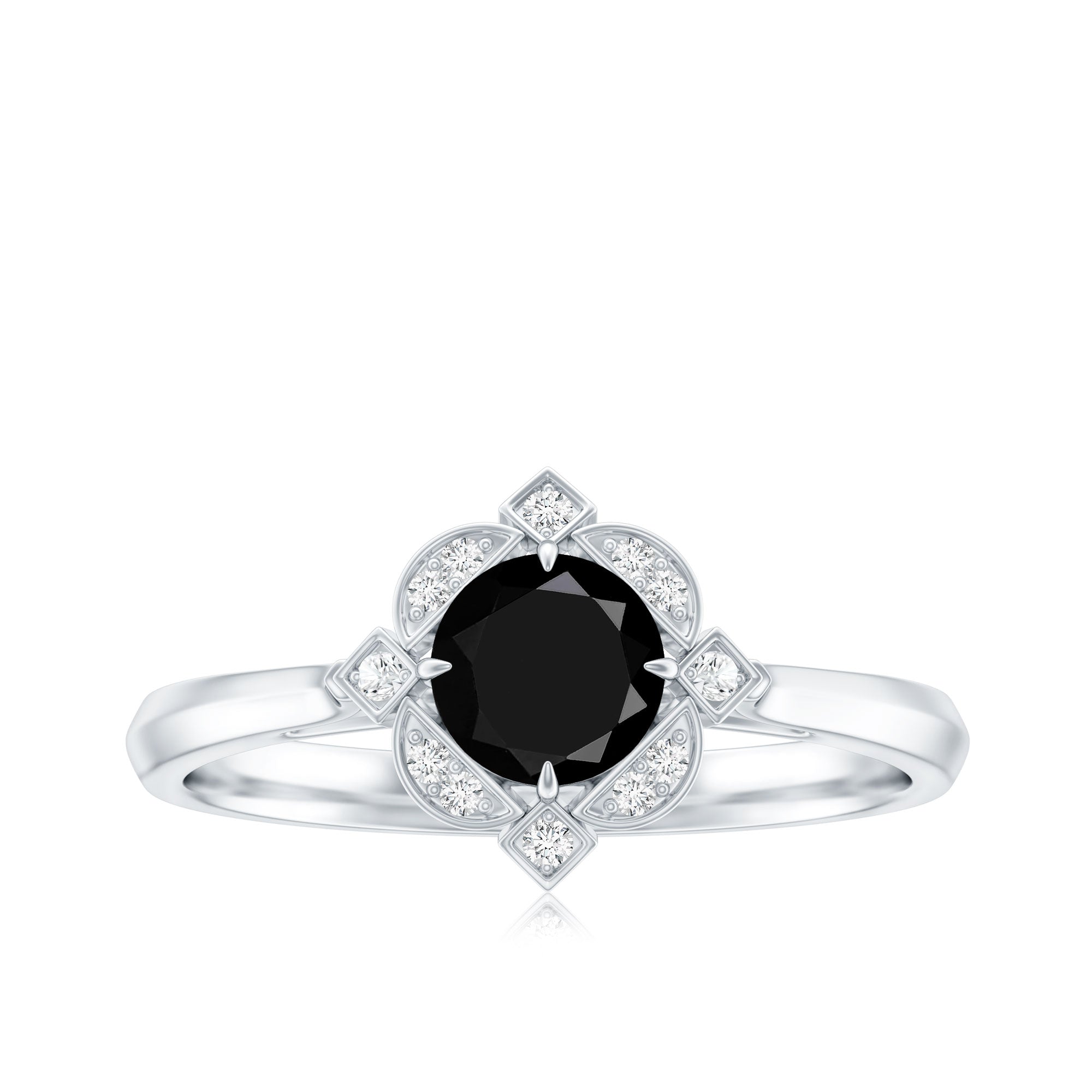 Vintage Style Black Spinel Engagement Ring with Diamond AAA - Rosec Jewels