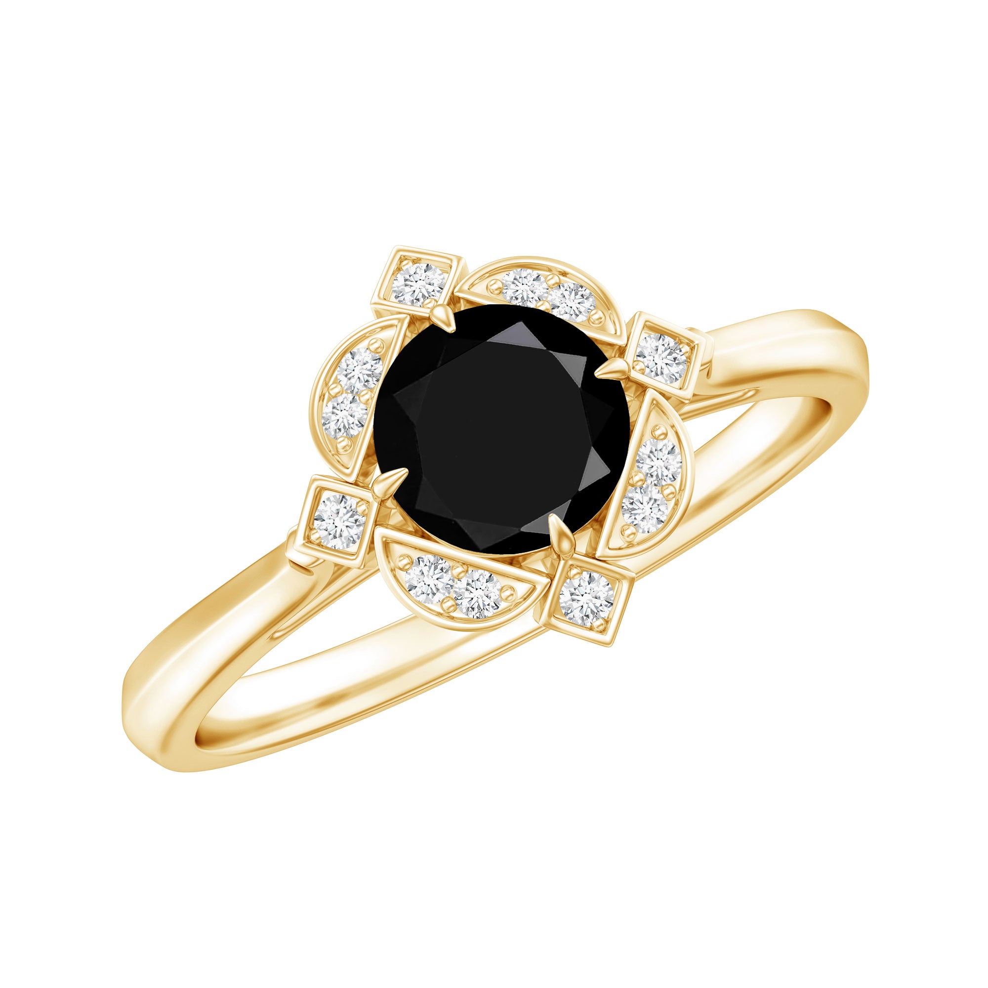 Vintage Style Black Spinel Engagement Ring with Diamond AAA - Rosec Jewels