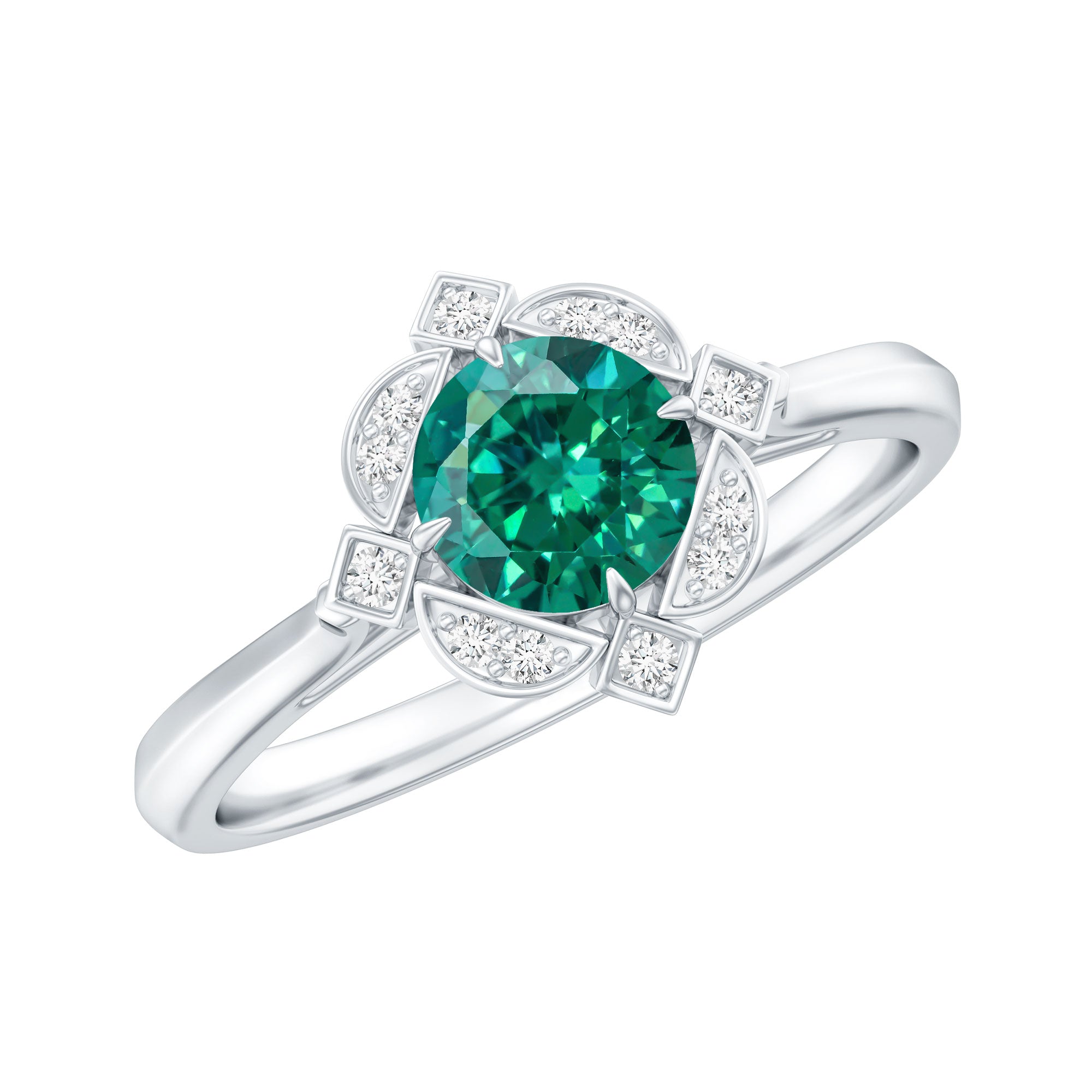 Lab Grown Emerald and Diamond Art Deco Engagement Ring AAAA - Rosec Jewels