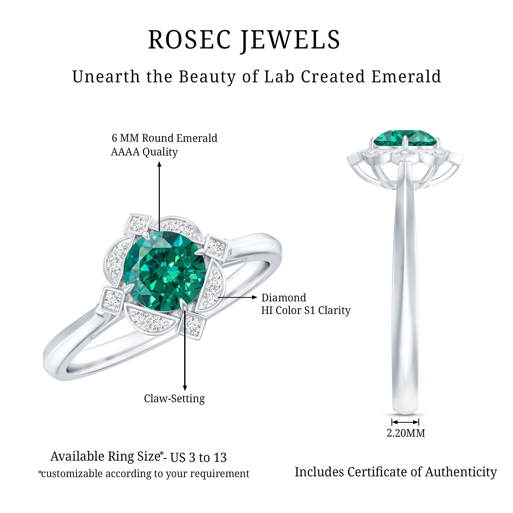 Lab Grown Emerald and Diamond Art Deco Engagement Ring AAAA - Rosec Jewels