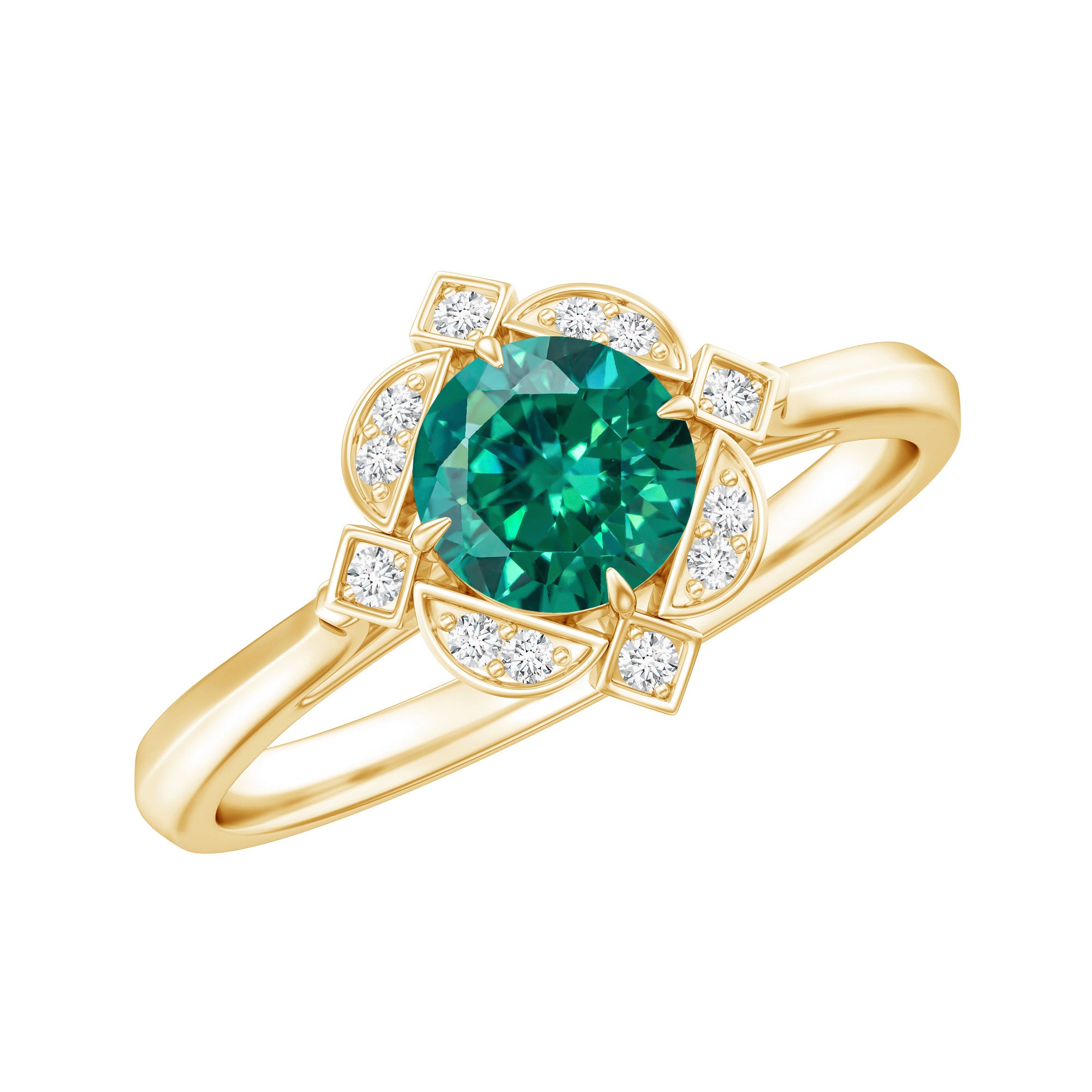 Lab Grown Emerald and Diamond Art Deco Engagement Ring AAAA - Rosec Jewels