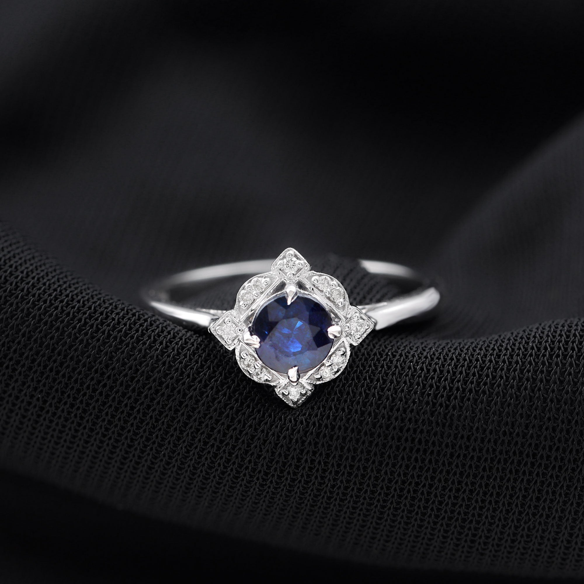 1 CT Vintage Blue Sapphire and Diamond Engagement Ring Blue Sapphire - ( AAA ) - Quality - Rosec Jewels