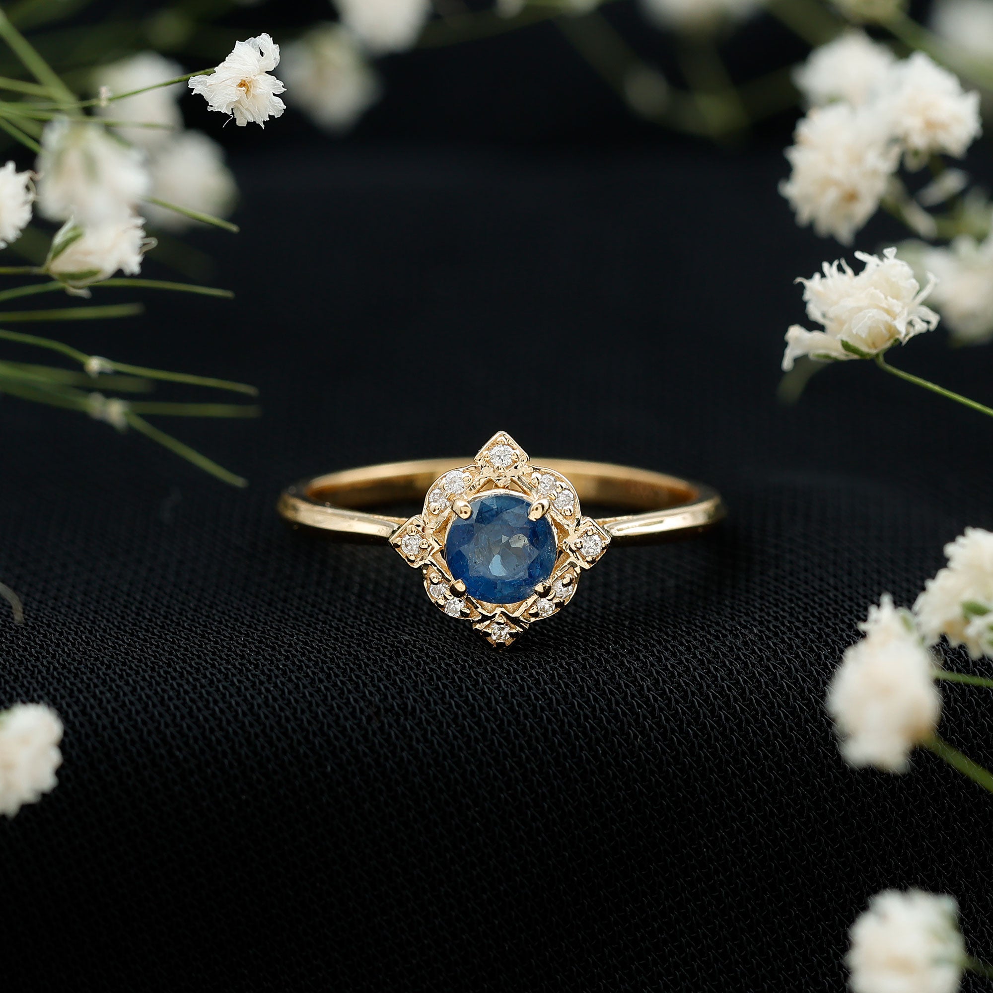 Vintage Style 0.9 Carat Blue Sapphire Engagement Ring with Diamond Halo AAA - Rosec Jewels