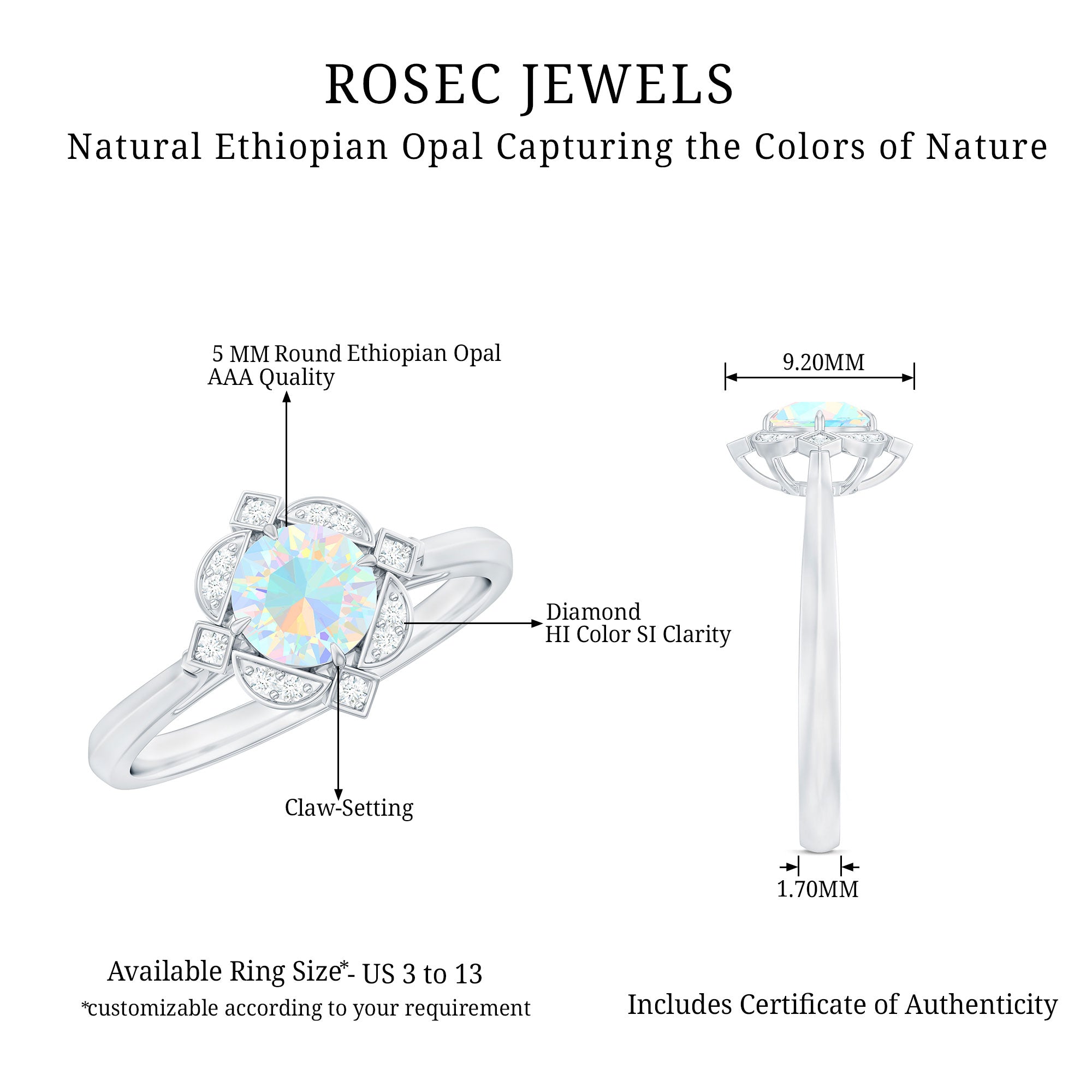 Real Ethiopian Opal Vintage Looking Engagement Ring with Diamond AAA - Rosec Jewels