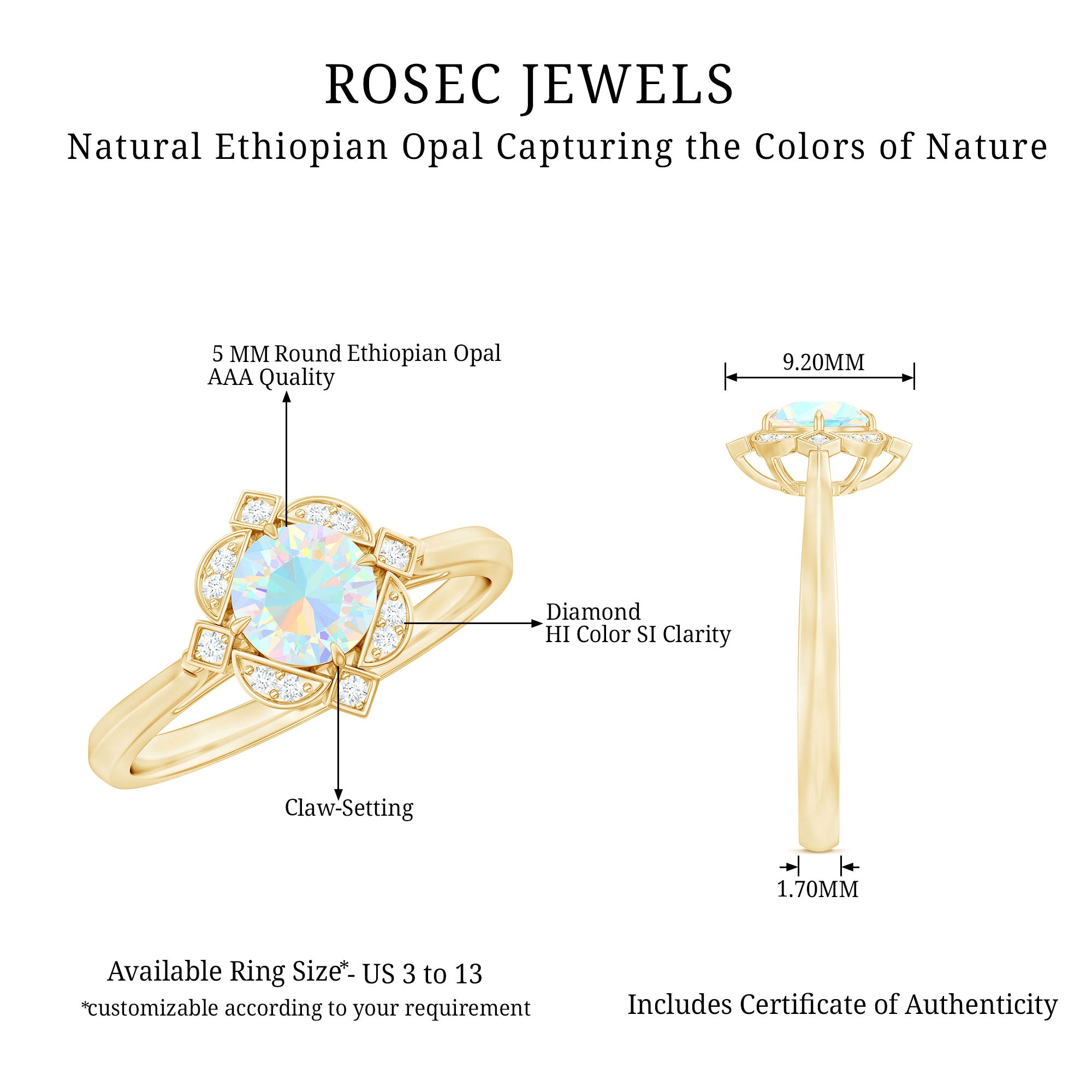 Real Ethiopian Opal Vintage Looking Engagement Ring with Diamond AAA - Rosec Jewels