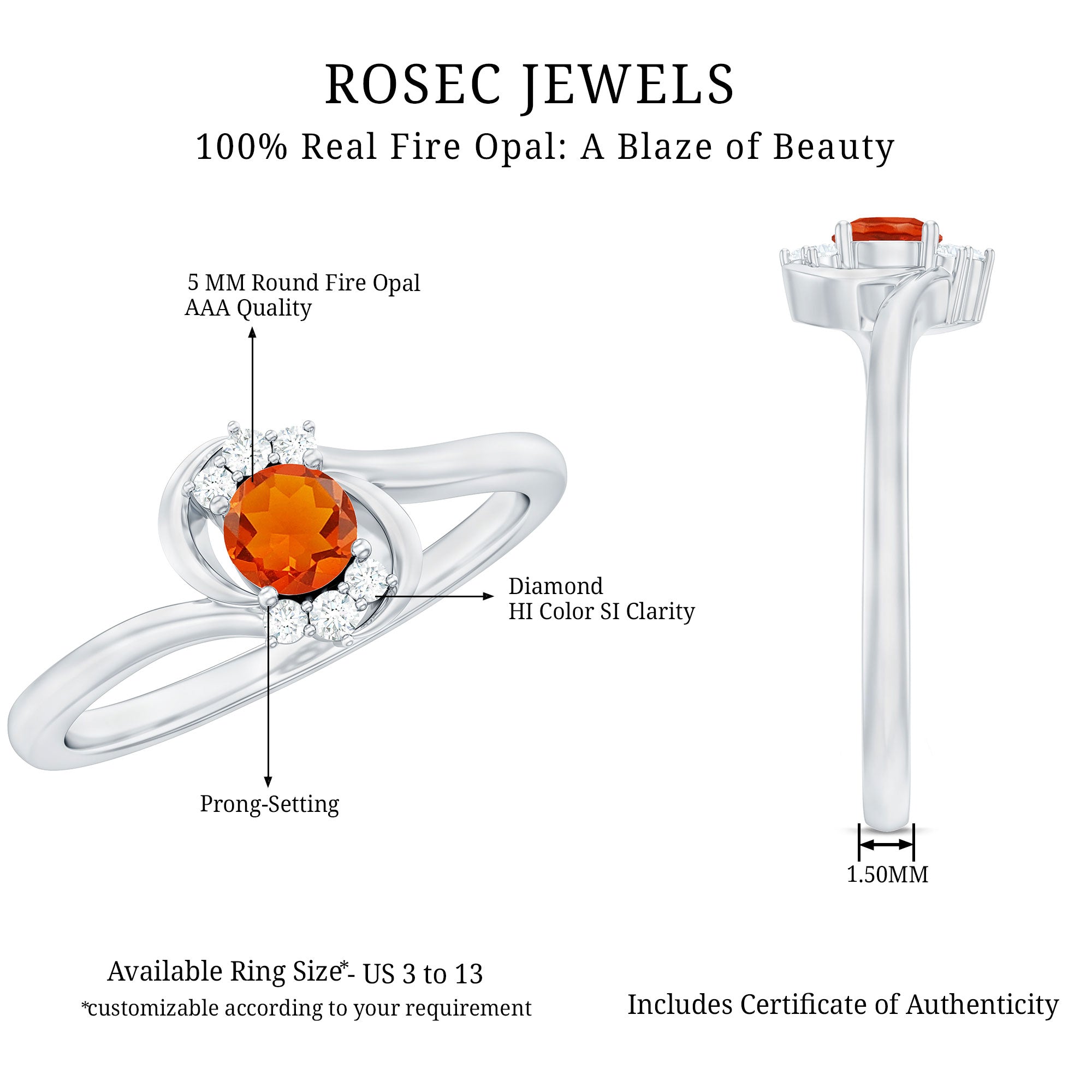 1/4 Ct Fire Opal and Diamond Bypass Promise Ring AAA - Rosec Jewels