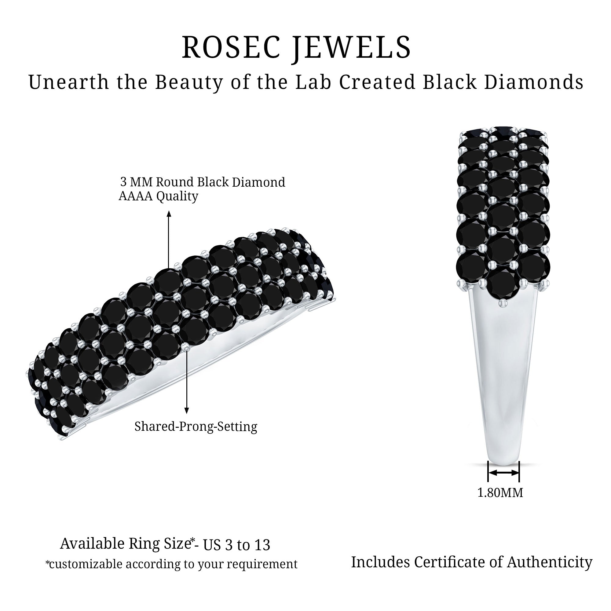 Certified Lab Grown Black Diamond Half Eternity Band Ring for Women AAAA ( Synthetic ) - Rosec Jewels